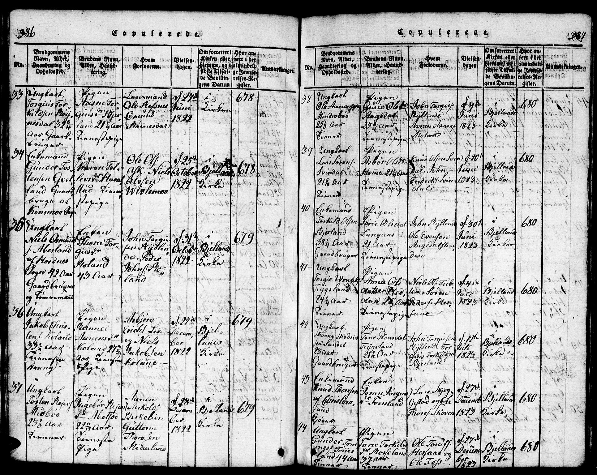 Bjelland sokneprestkontor, SAK/1111-0005/F/Fb/Fba/L0003: Parish register (copy) no. B 3, 1816-1870, p. 386-387