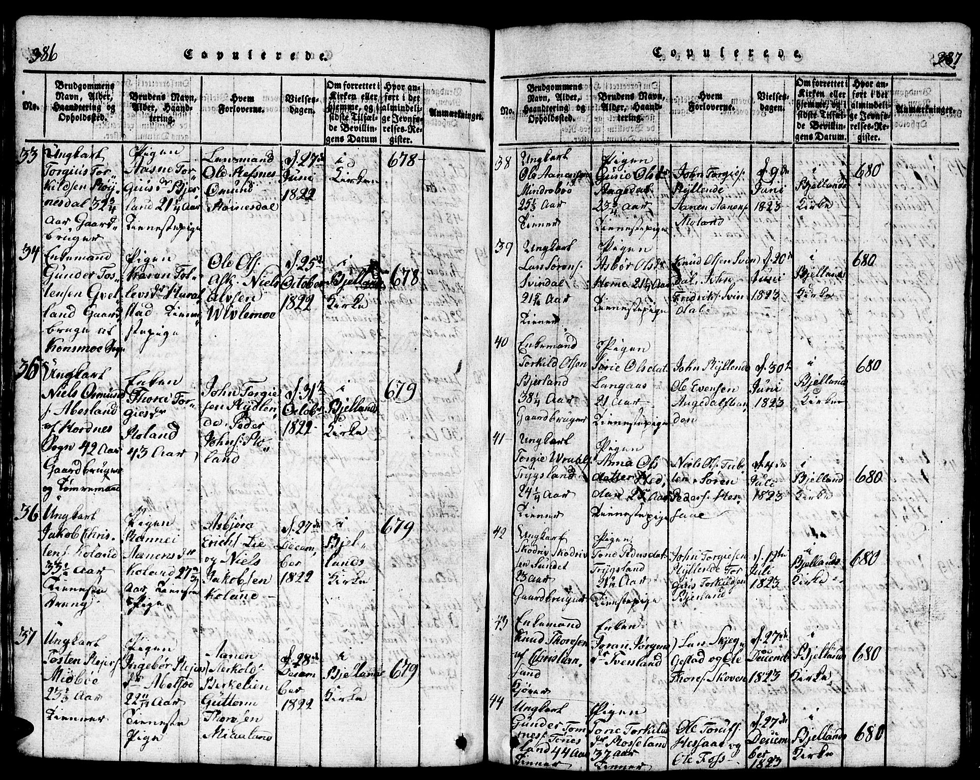 Bjelland sokneprestkontor, AV/SAK-1111-0005/F/Fb/Fba/L0003: Parish register (copy) no. B 3, 1816-1870, p. 386-387