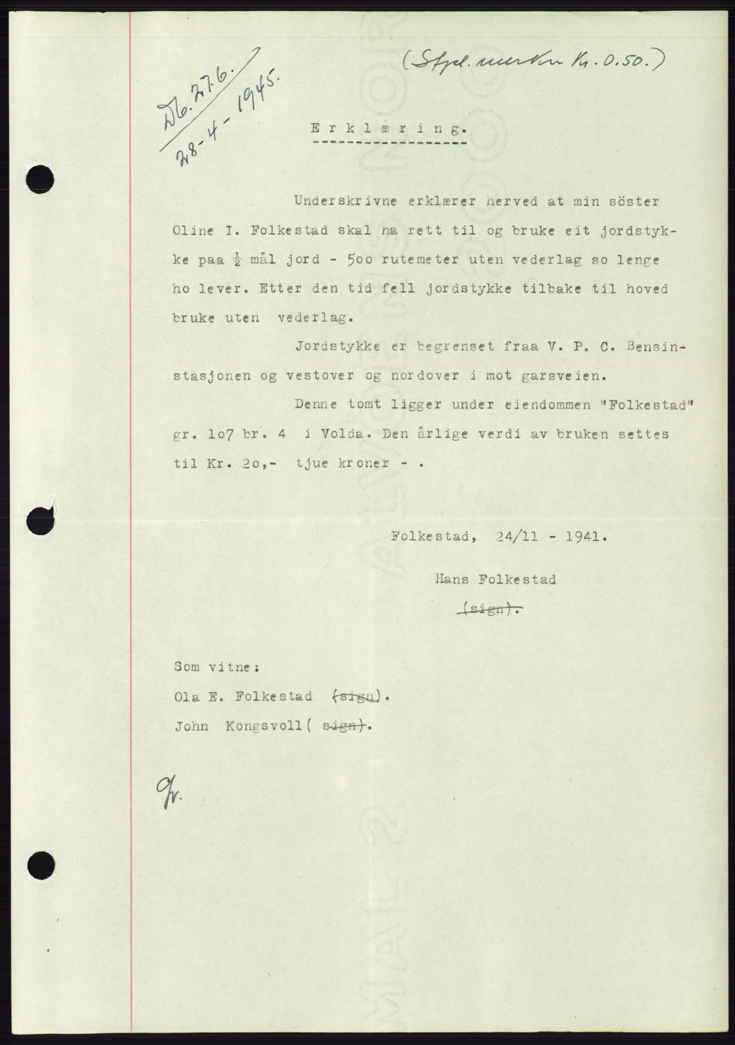 Søre Sunnmøre sorenskriveri, AV/SAT-A-4122/1/2/2C/L0114: Mortgage book no. 1-2B, 1943-1947, Diary no: : 276/1945