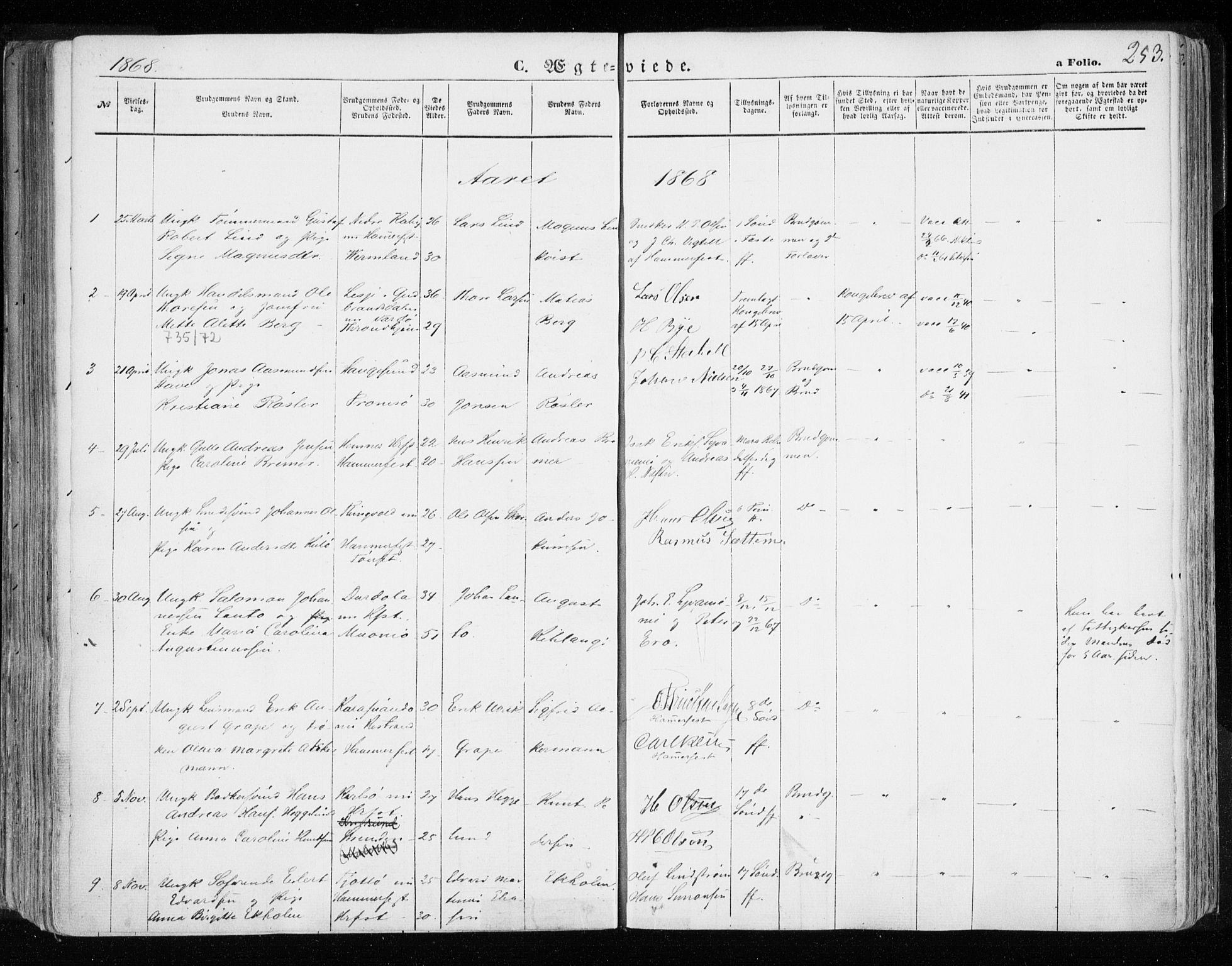 Hammerfest sokneprestkontor, SATØ/S-1347/H/Ha/L0005.kirke: Parish register (official) no. 5, 1857-1869, p. 253