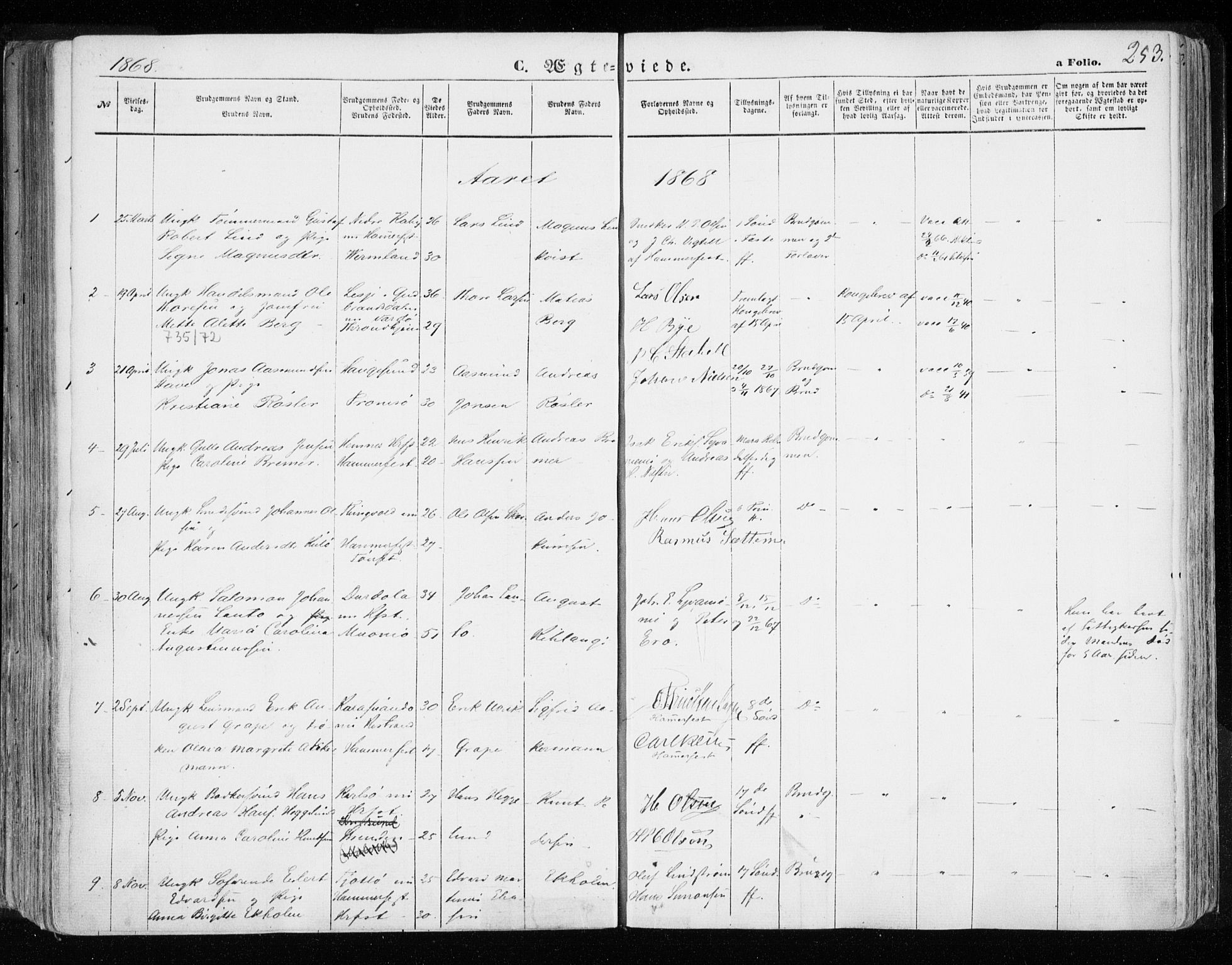 Hammerfest sokneprestkontor, AV/SATØ-S-1347/H/Ha/L0005.kirke: Parish register (official) no. 5, 1857-1869, p. 253