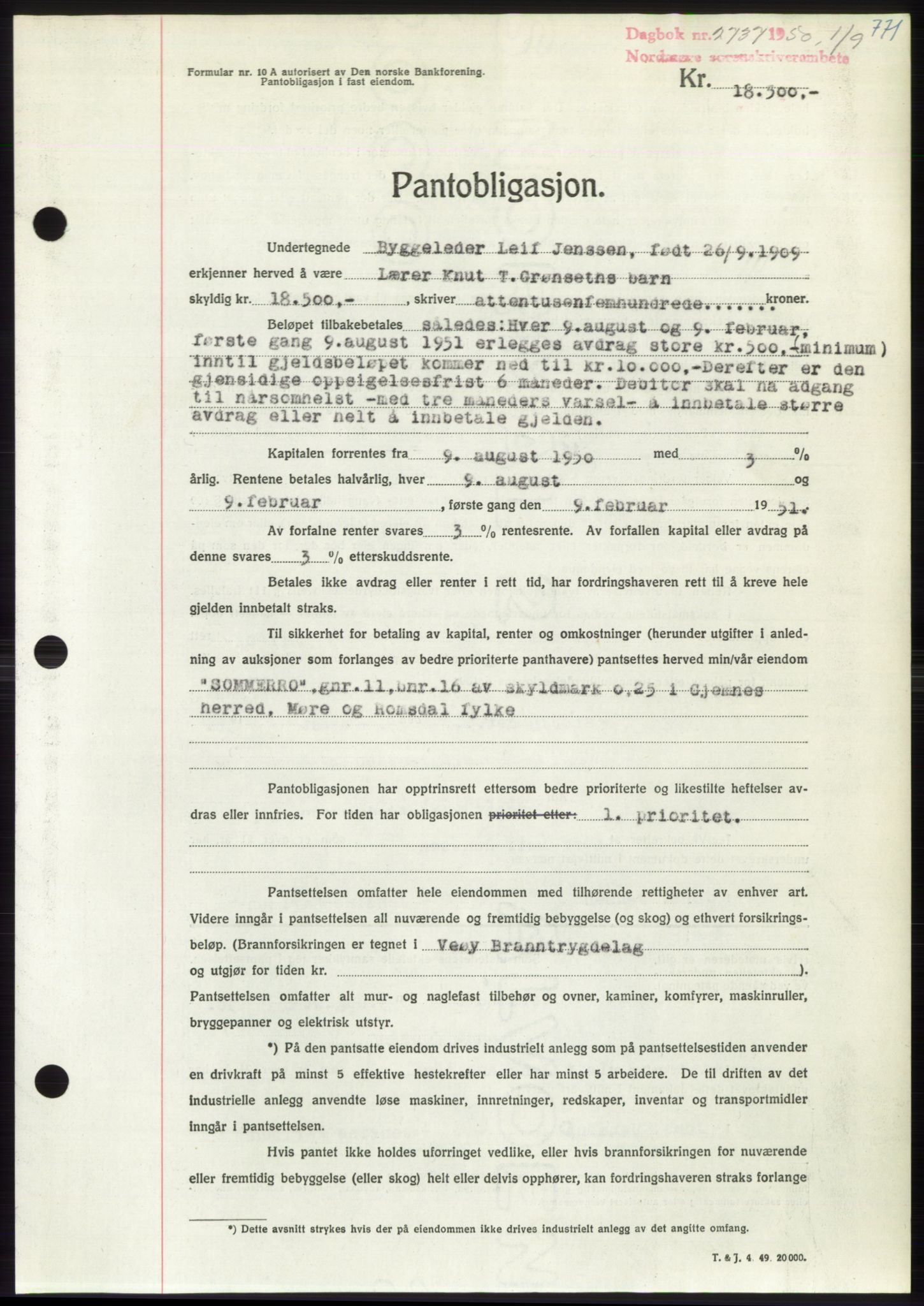 Nordmøre sorenskriveri, AV/SAT-A-4132/1/2/2Ca: Mortgage book no. B105, 1950-1950, Diary no: : 2737/1950