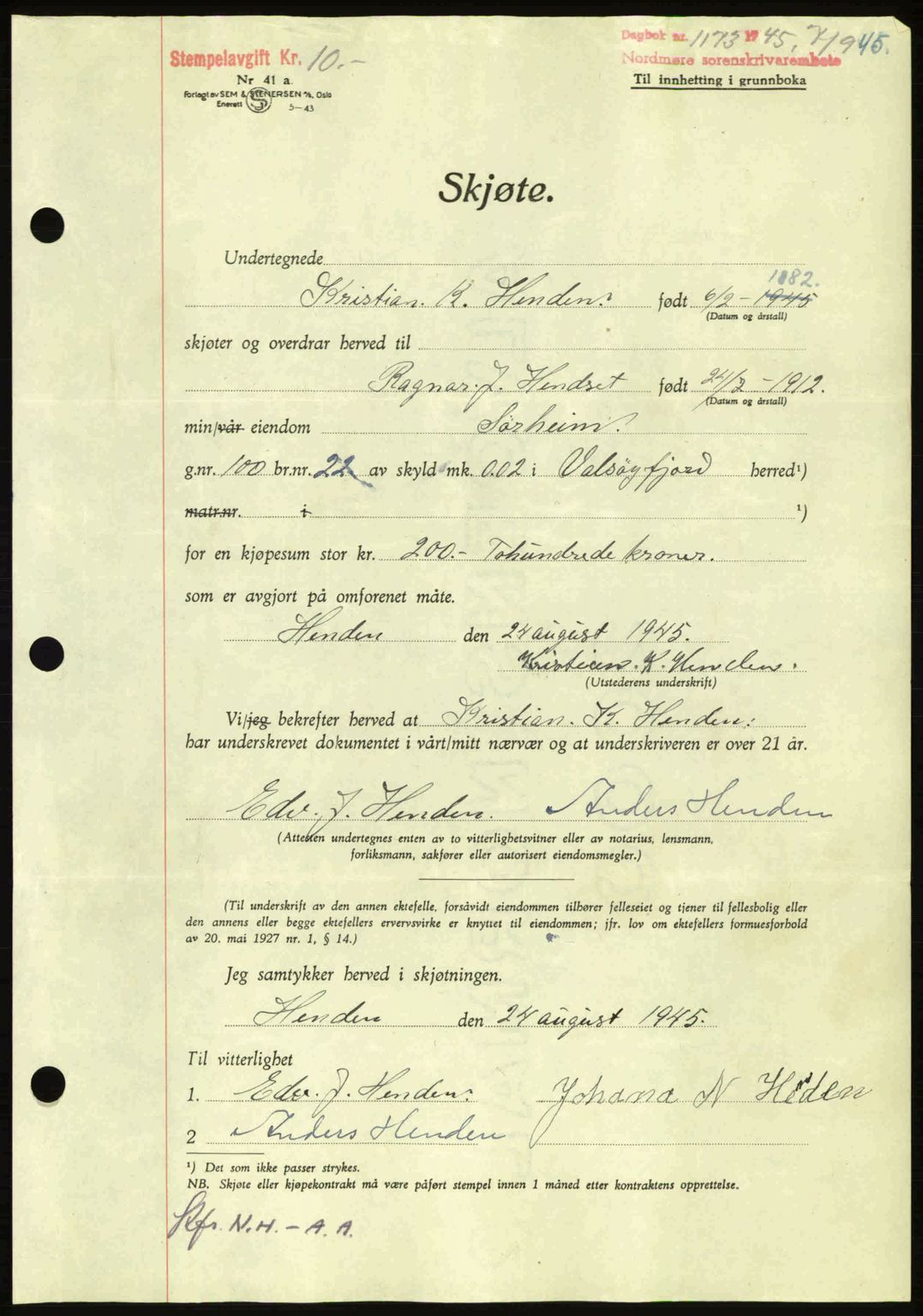 Nordmøre sorenskriveri, AV/SAT-A-4132/1/2/2Ca: Mortgage book no. A100a, 1945-1945, Diary no: : 1173/1945