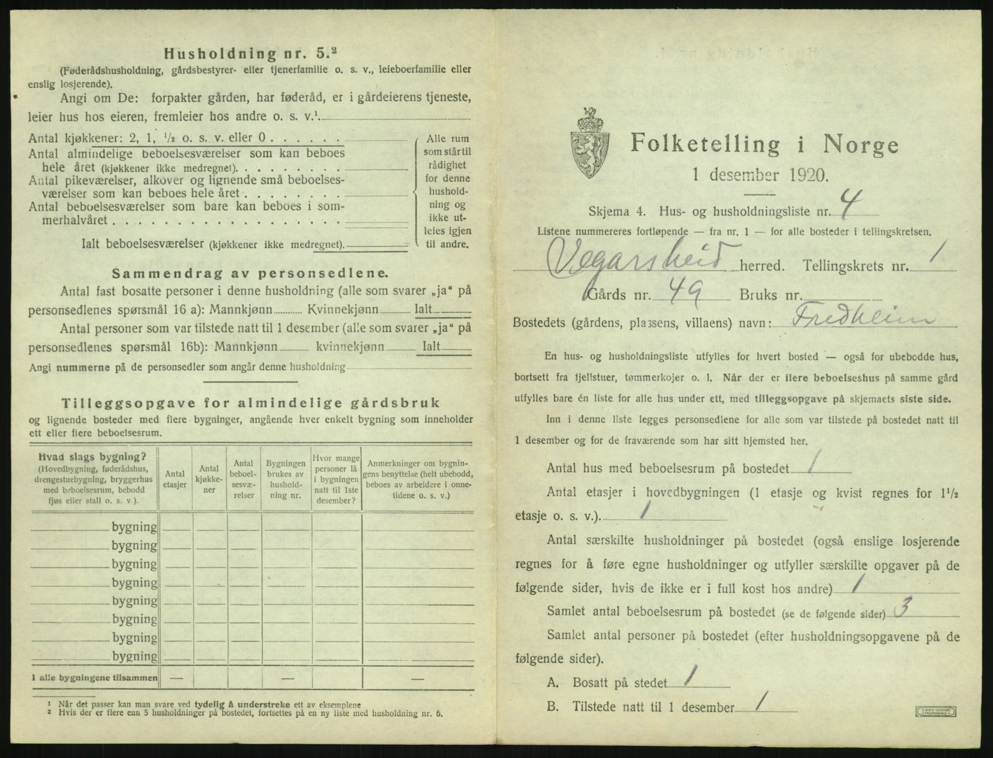 SAK, 1920 census for Vegårshei, 1920, p. 58