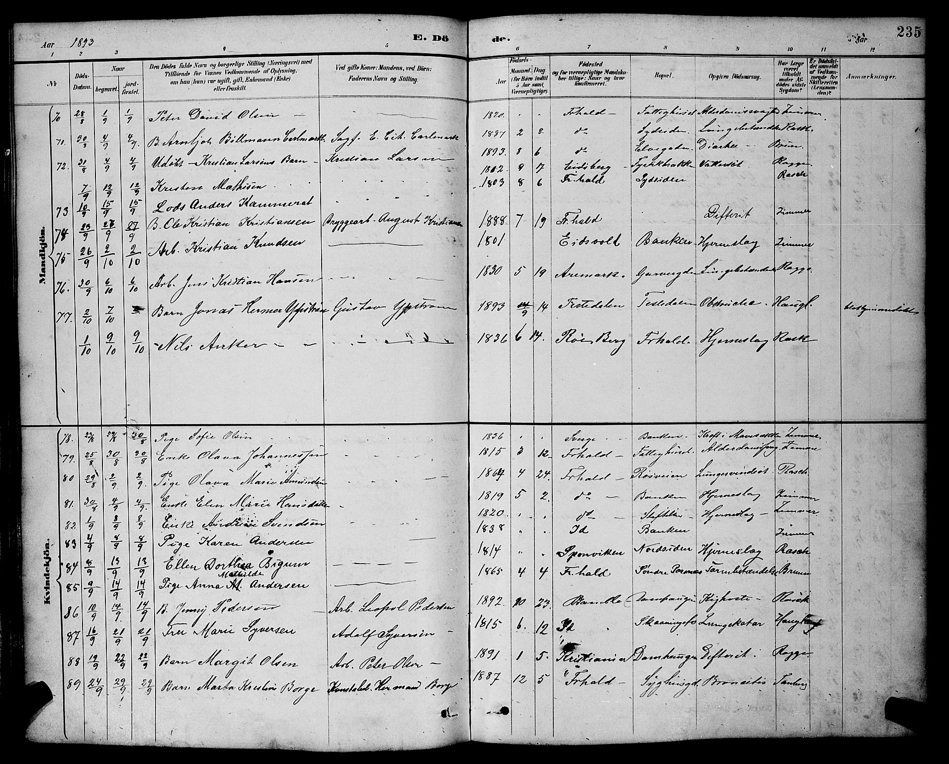 Halden prestekontor Kirkebøker, SAO/A-10909/G/Ga/L0009: Parish register (copy) no. 9, 1885-1908, p. 235