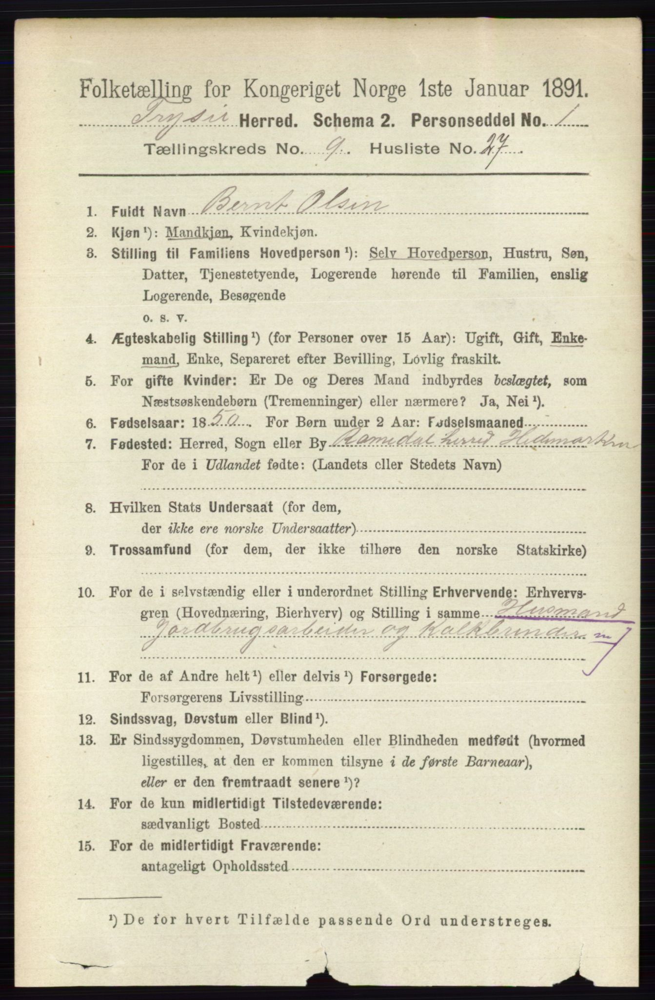 RA, 1891 census for 0428 Trysil, 1891, p. 4373