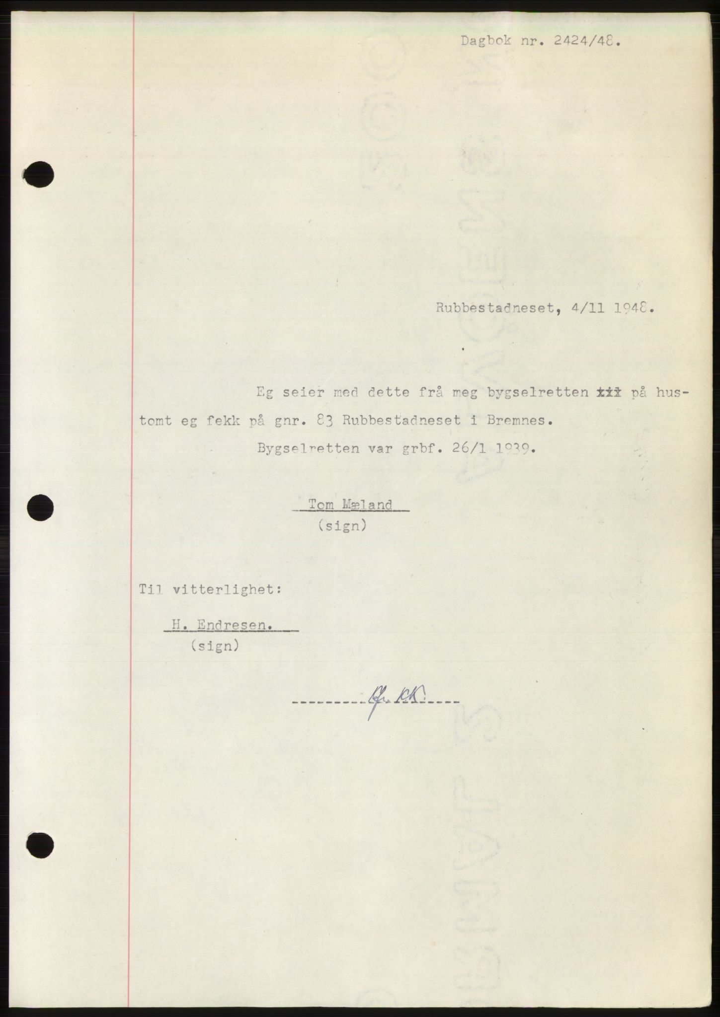 Sunnhordland sorenskrivar, AV/SAB-A-2401: Mortgage book no. B75-79, 1948-1950, Diary no: : 2424/1948