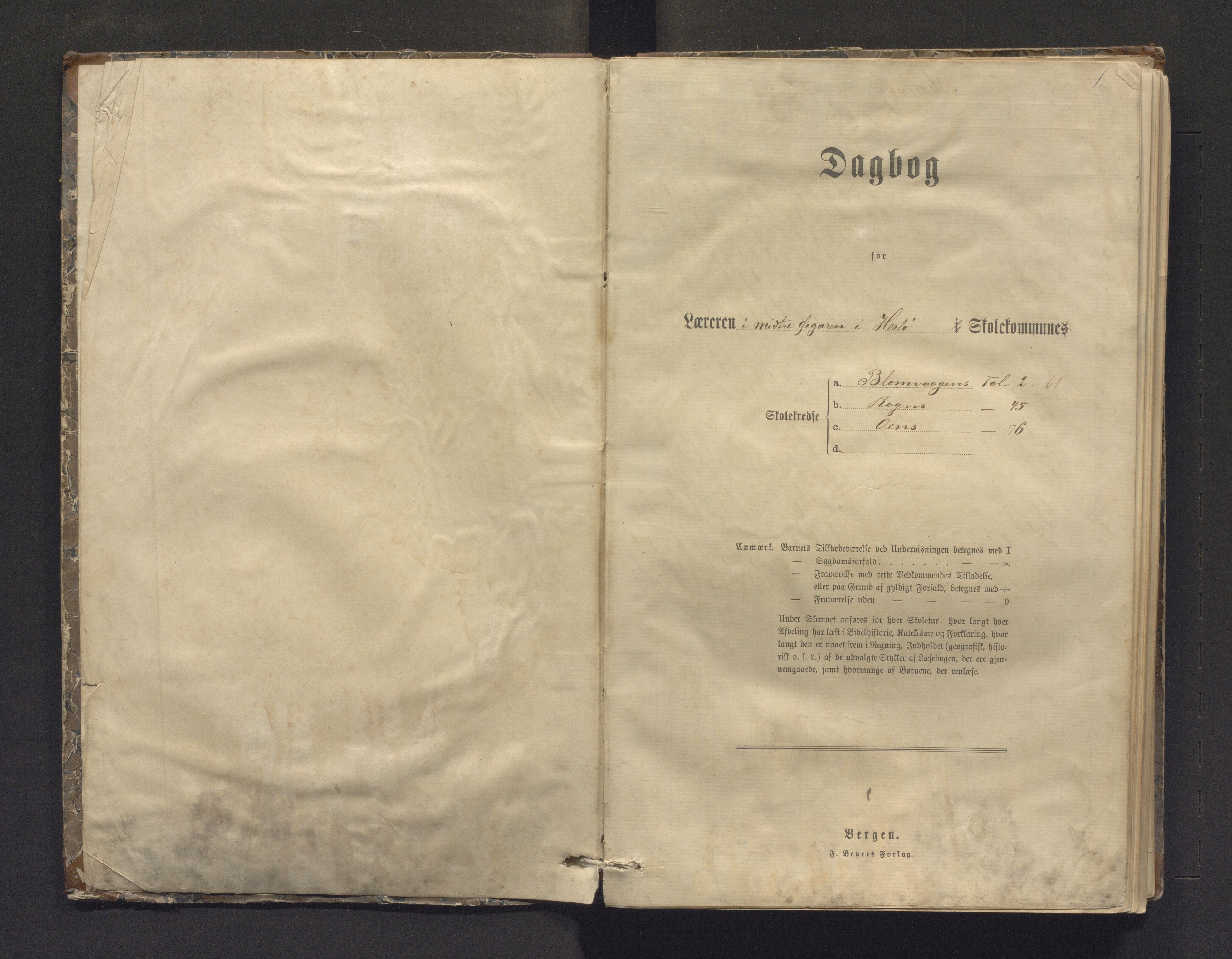 Herdla kommune. Barneskulane, IKAH/1258-231/G/Ga/L0016: Dagbok for Rong, Blomvågen og Oen krinsar, 1887-1899