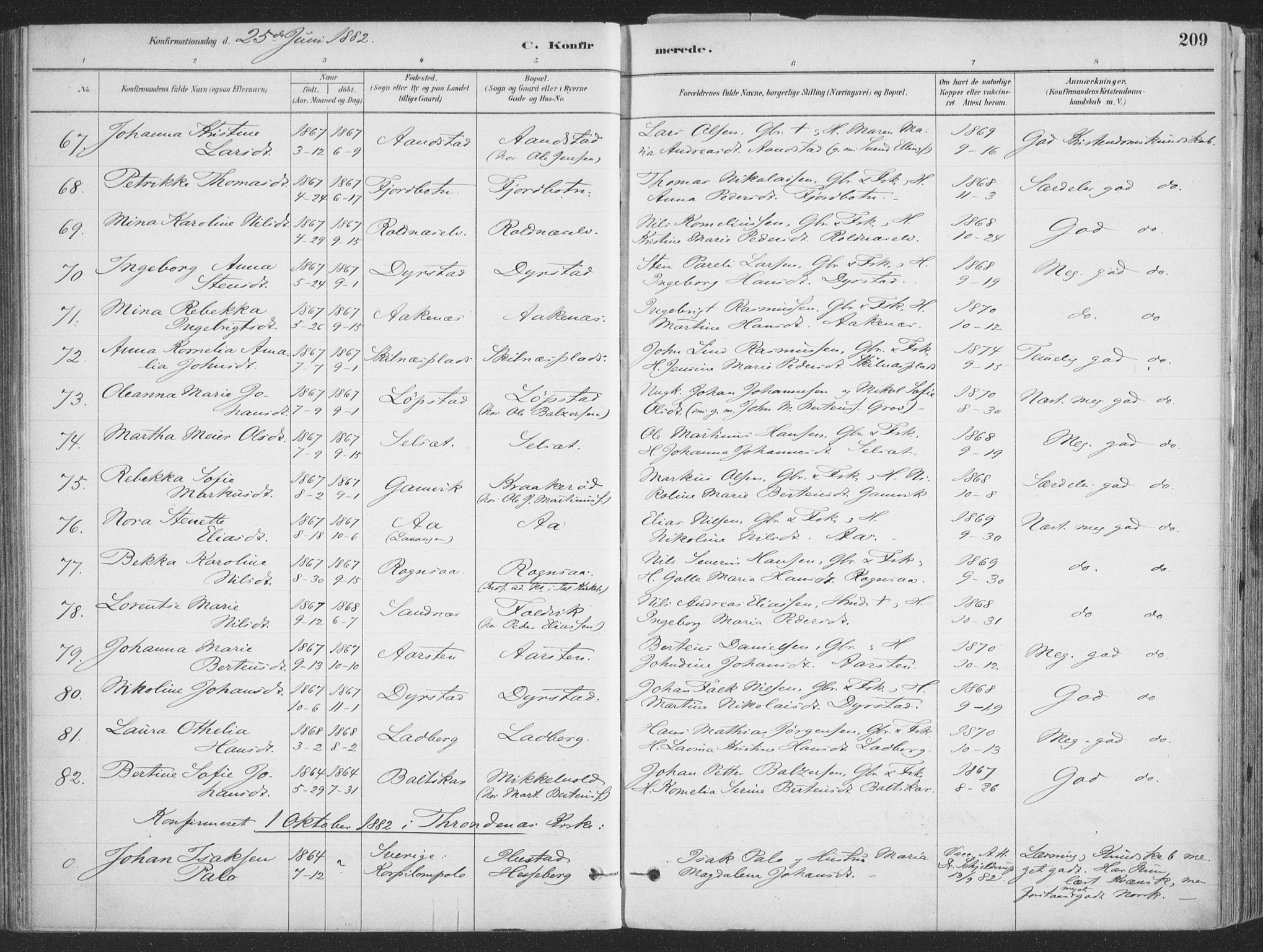 Ibestad sokneprestembete, AV/SATØ-S-0077/H/Ha/Haa/L0011kirke: Parish register (official) no. 11, 1880-1889, p. 209