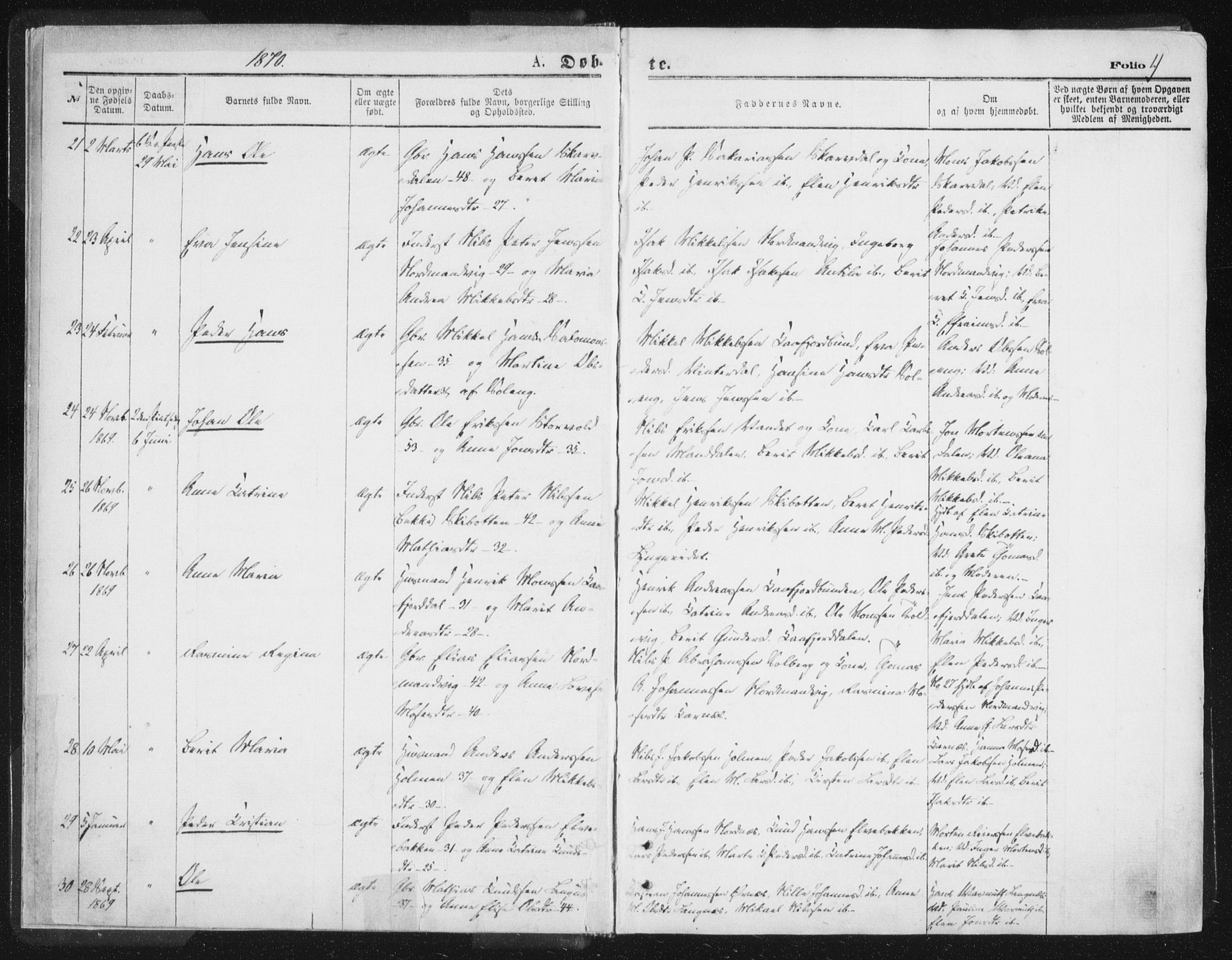 Lyngen sokneprestembete, AV/SATØ-S-1289/H/He/Hea/L0006kirke: Parish register (official) no. 6, 1870-1878, p. 4