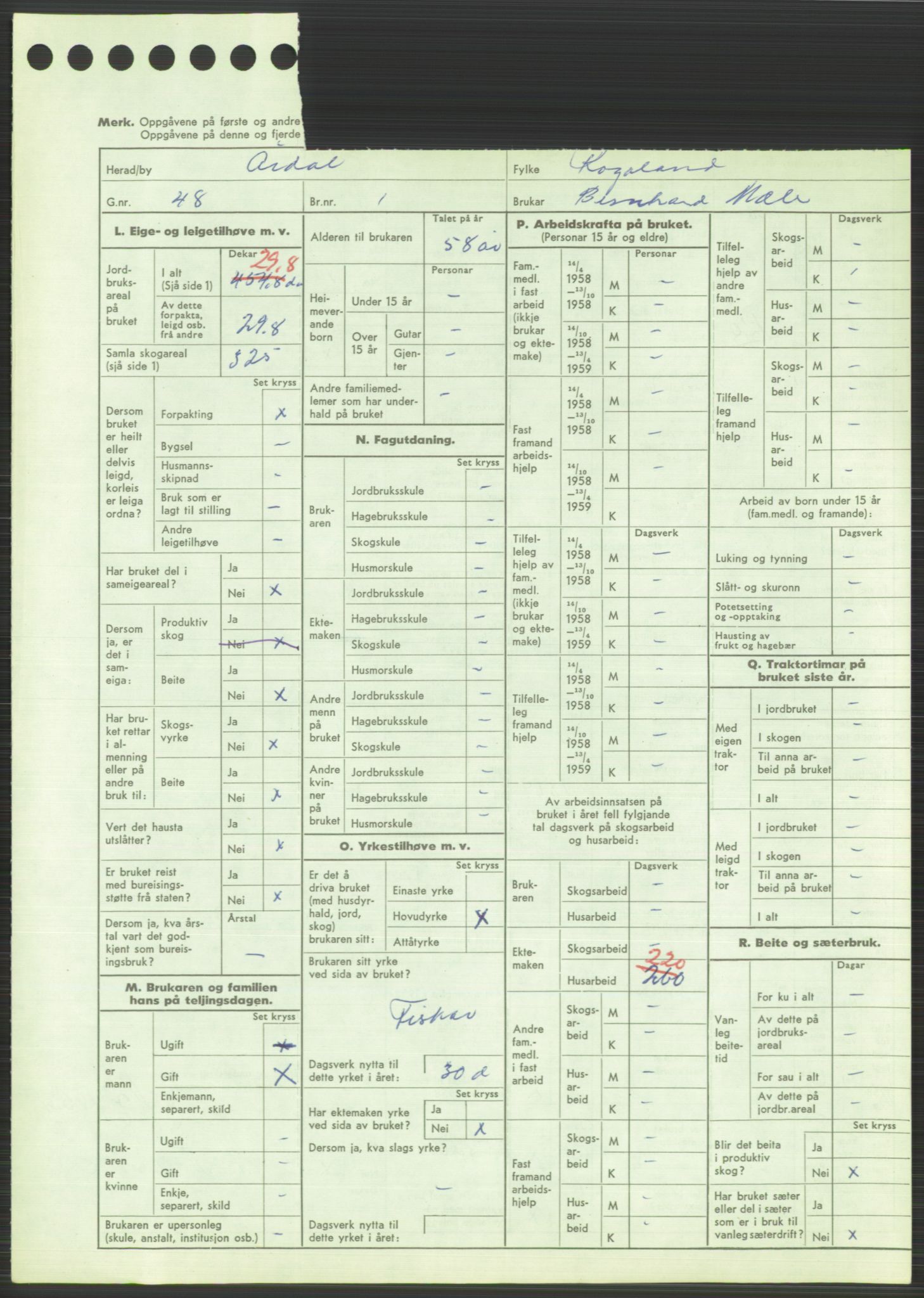 Statistisk sentralbyrå, Næringsøkonomiske emner, Jordbruk, skogbruk, jakt, fiske og fangst, AV/RA-S-2234/G/Gd/L0373: Rogaland: 1130 Strand (kl. 1-2), 1131 Årdal og 1132 Fister, 1959, p. 1155