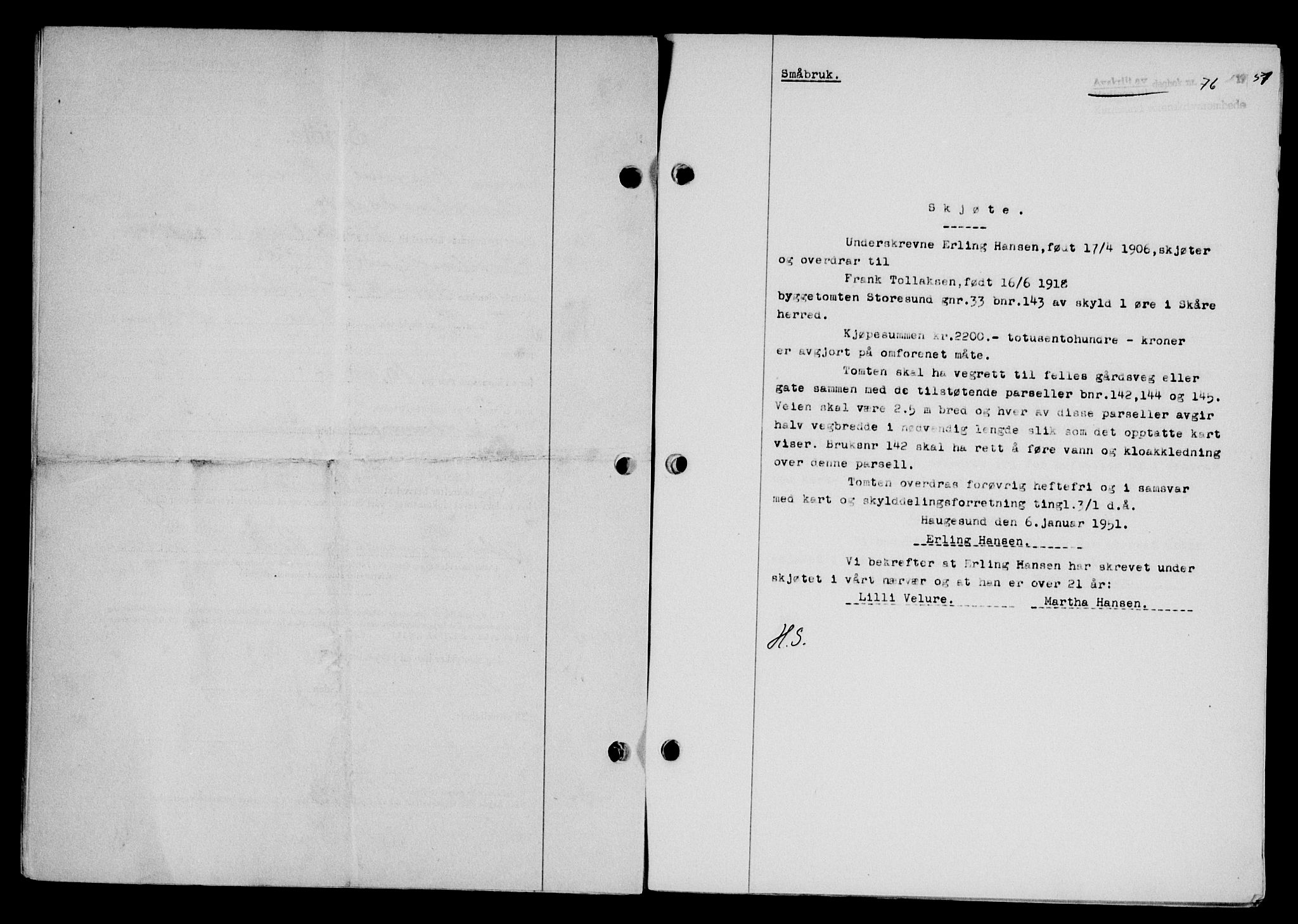 Karmsund sorenskriveri, SAST/A-100311/01/II/IIB/L0101: Mortgage book no. 81A, 1950-1951, Diary no: : 76/1951