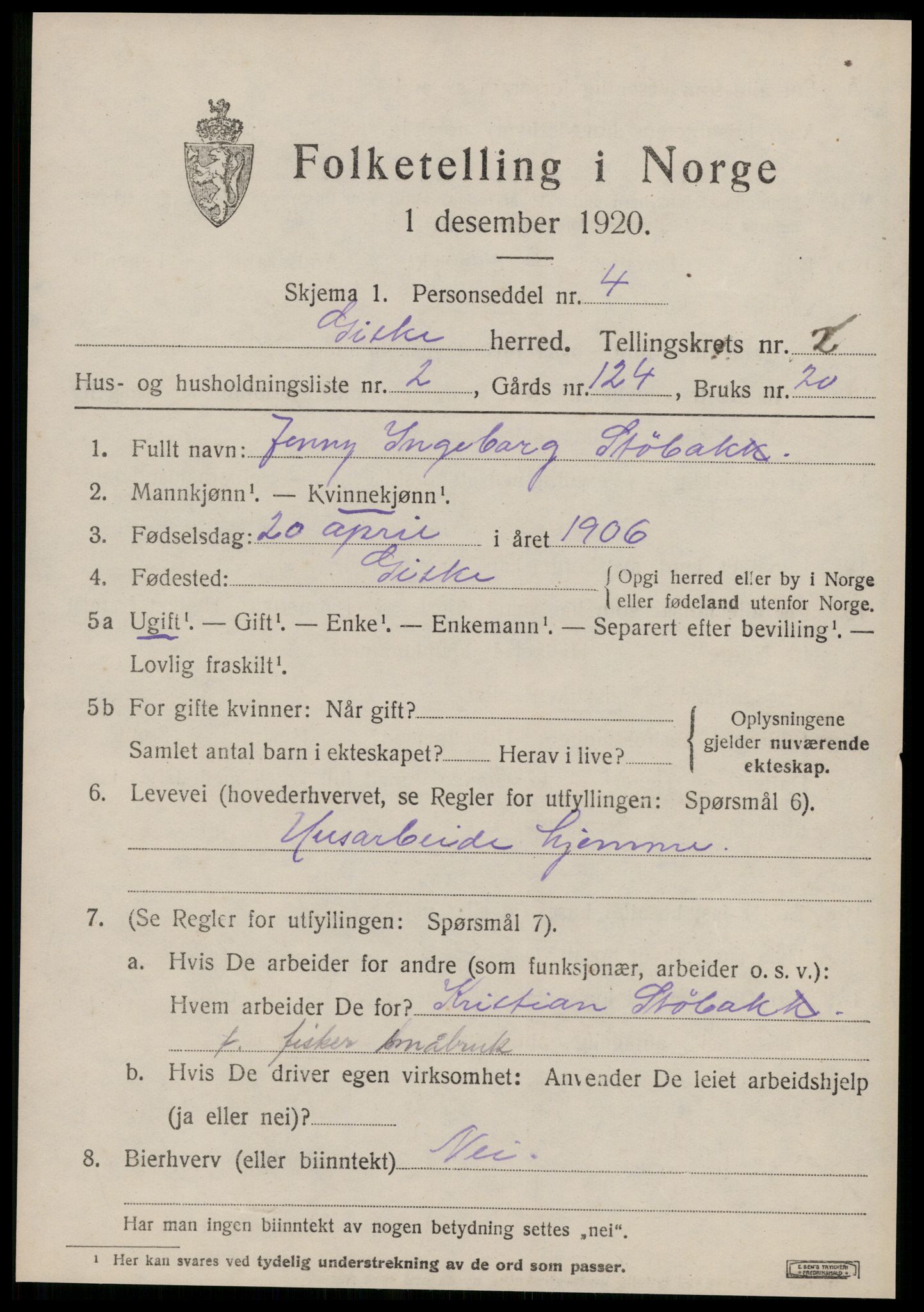 SAT, 1920 census for Giske, 1920, p. 886