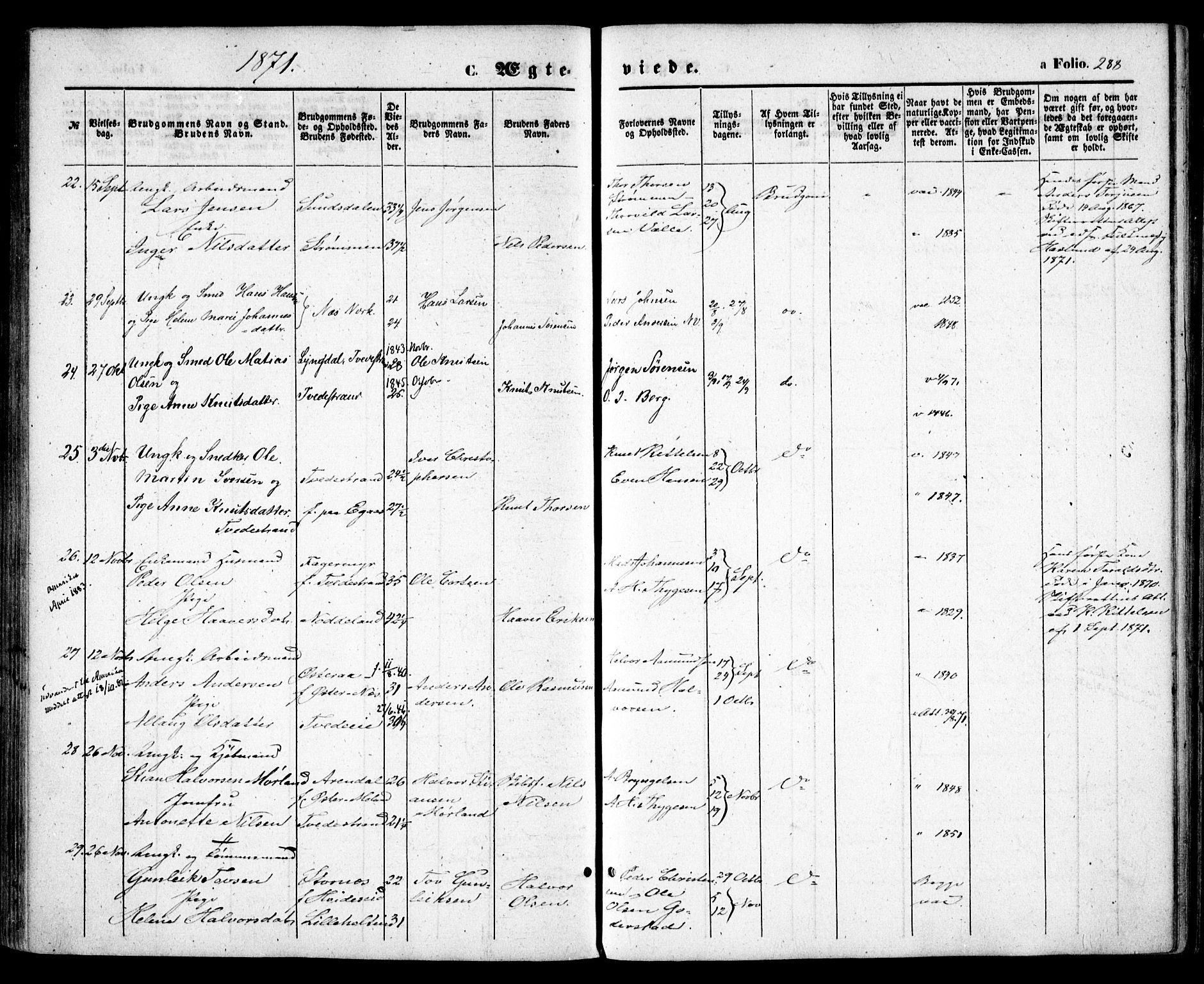 Holt sokneprestkontor, AV/SAK-1111-0021/F/Fa/L0009: Parish register (official) no. A 9, 1861-1871, p. 288