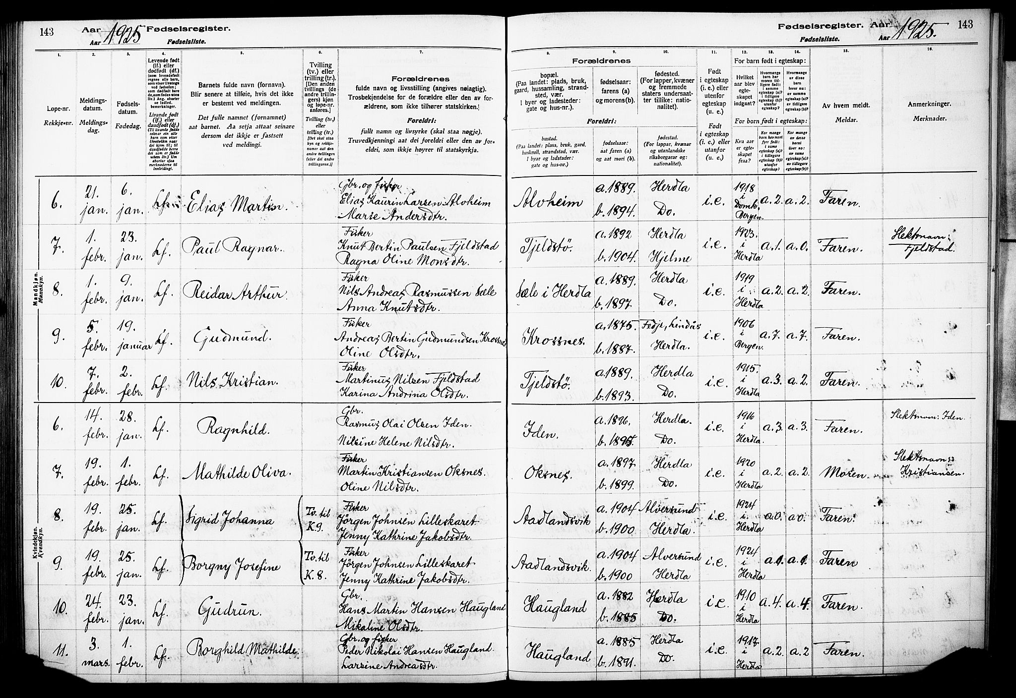 Herdla Sokneprestembete, AV/SAB-A-75701/I/Id/L00A1: Birth register no. A 1, 1916-1929, p. 143