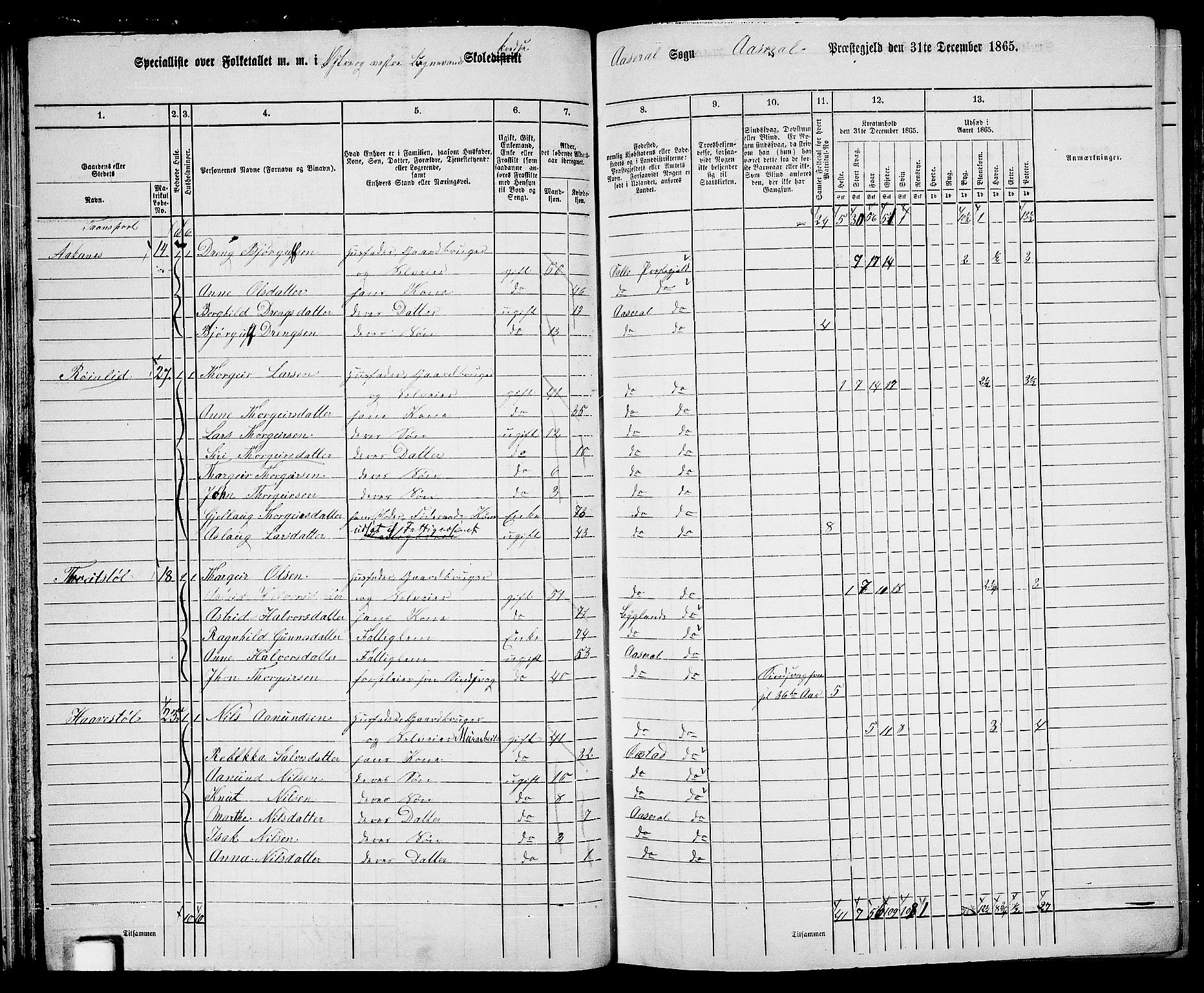 RA, 1865 census for Åseral, 1865, p. 36