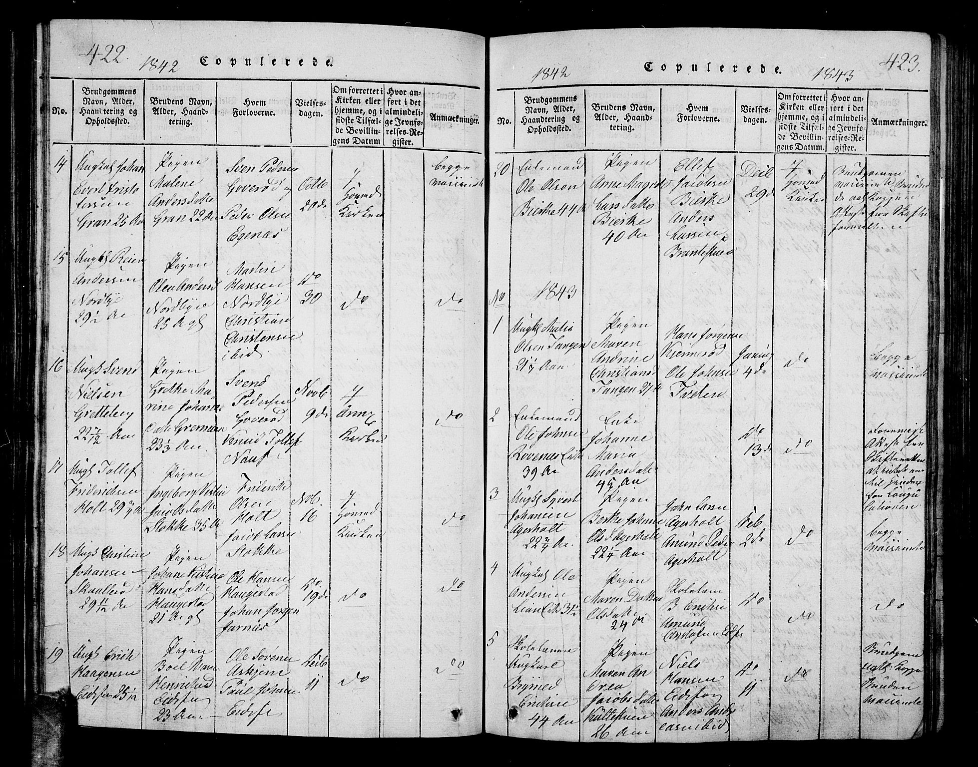 Hof kirkebøker, SAKO/A-64/G/Ga/L0001: Parish register (copy) no. I 1, 1814-1844, p. 422-423