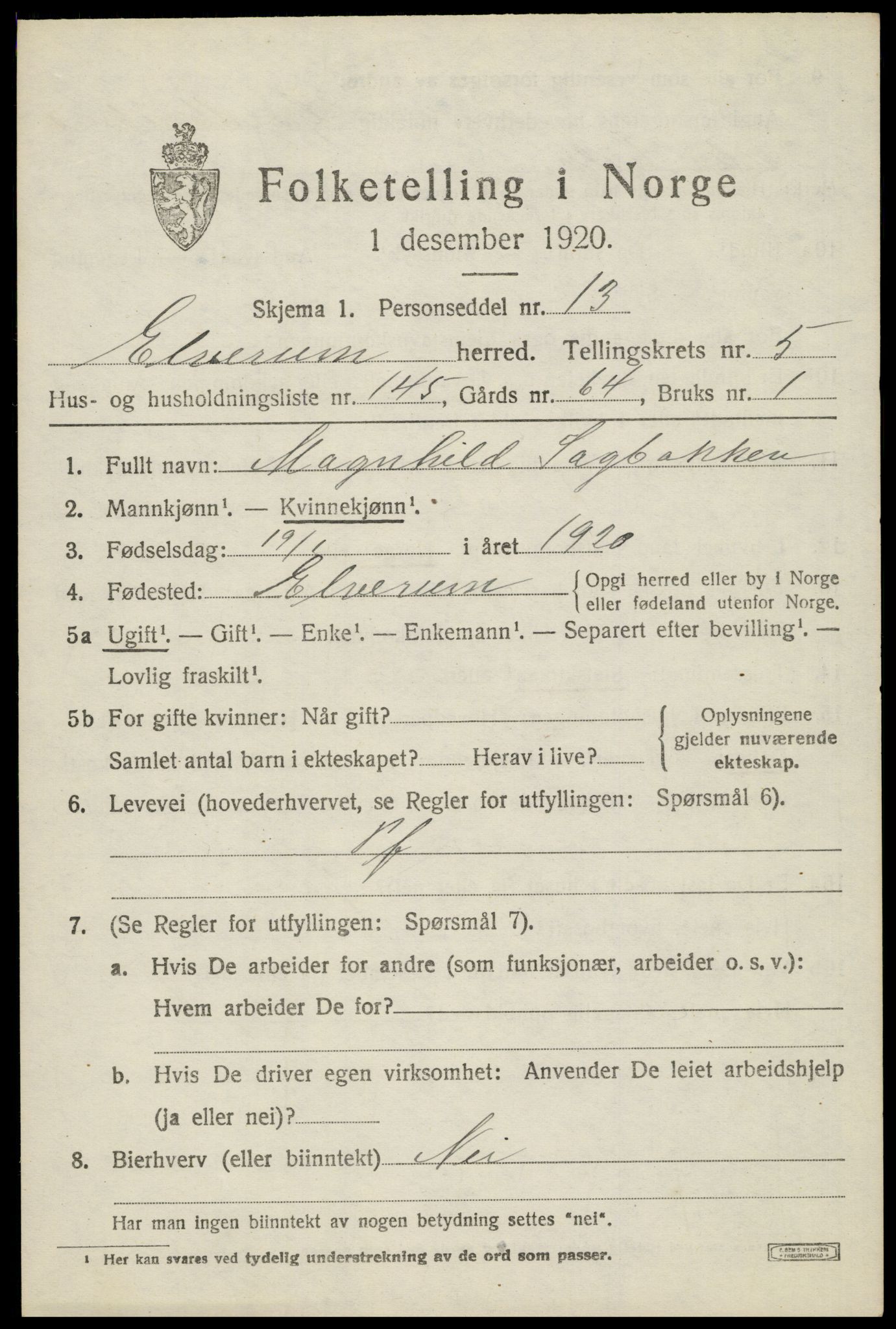 SAH, 1920 census for Elverum, 1920, p. 9046