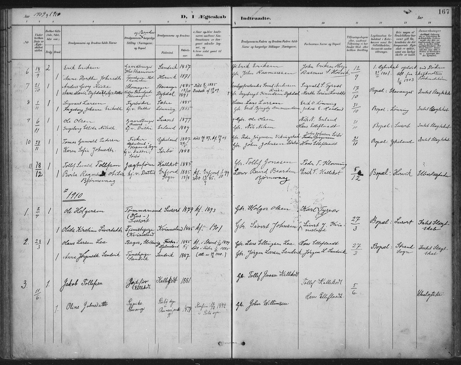 Tysvær sokneprestkontor, AV/SAST-A -101864/H/Ha/Haa/L0008: Parish register (official) no. A 8, 1897-1918, p. 167