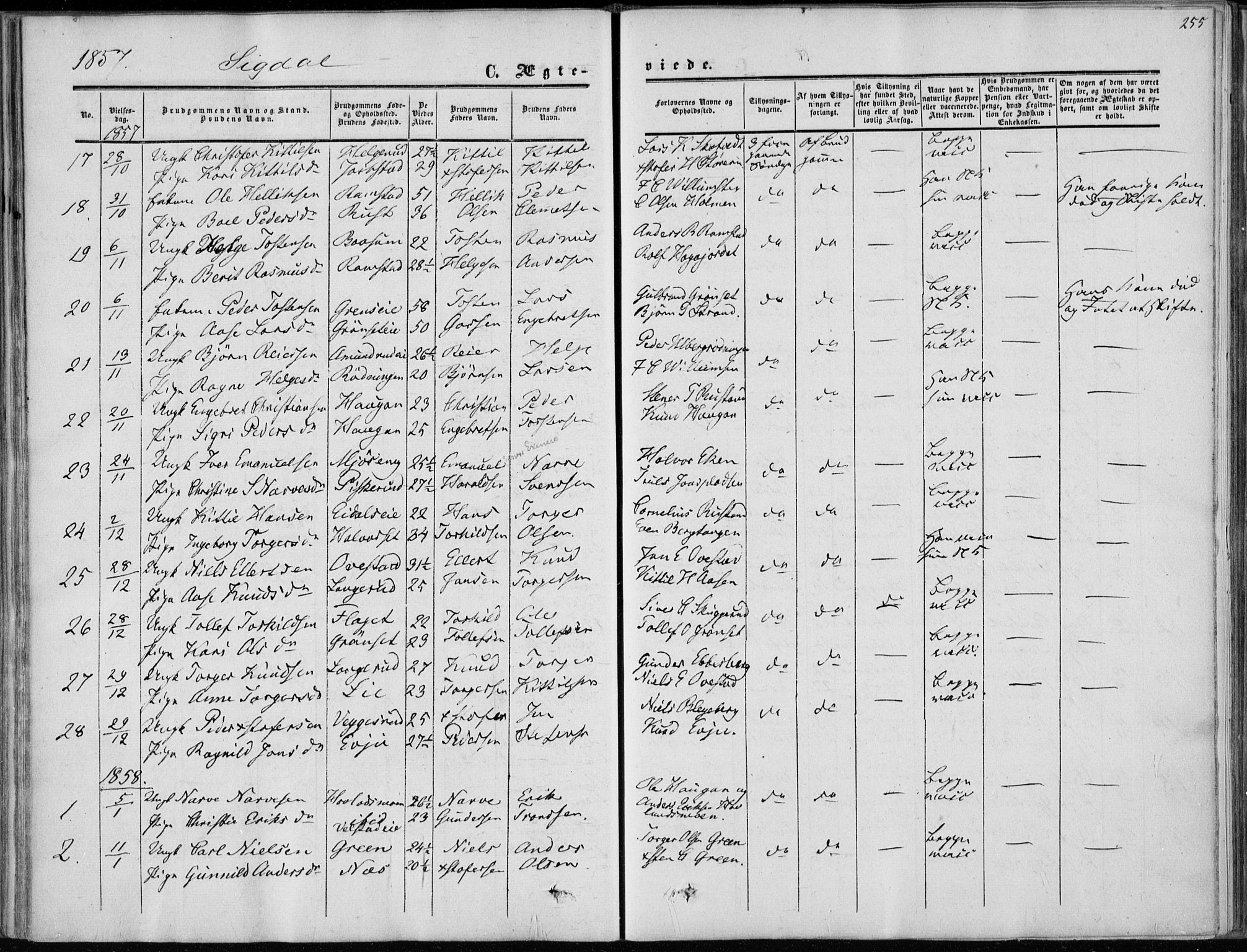 Sigdal kirkebøker, SAKO/A-245/F/Fa/L0008: Parish register (official) no. I 8, 1850-1859, p. 255