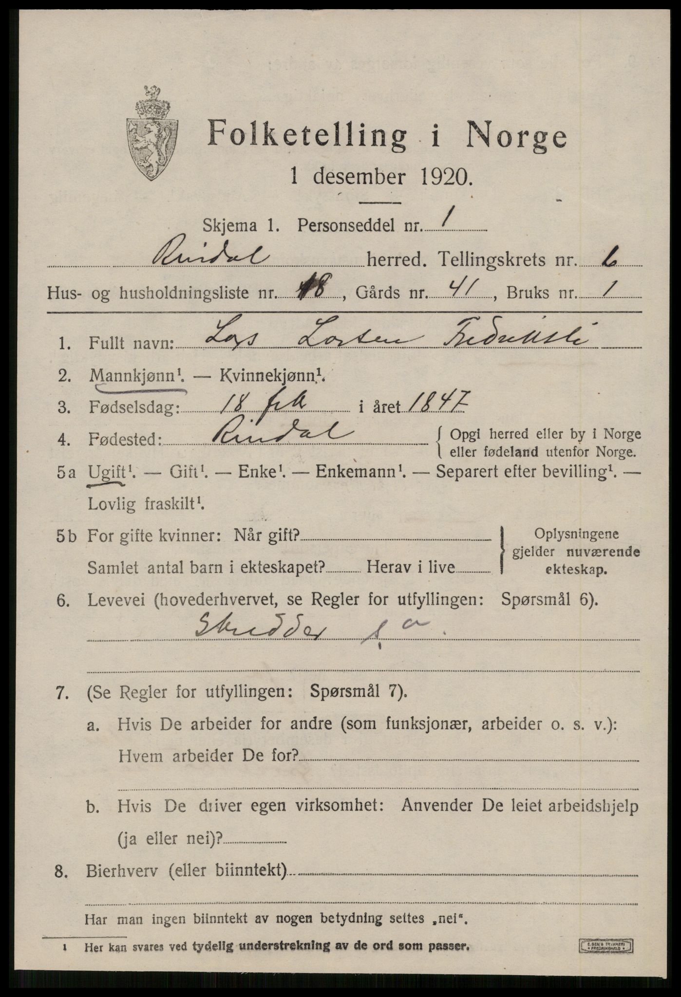 SAT, 1920 census for Rindal, 1920, p. 3538