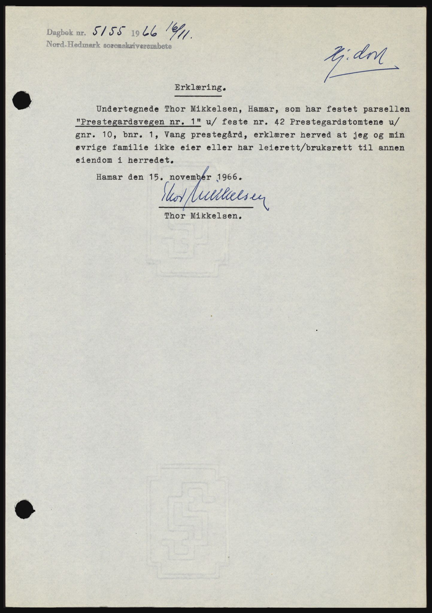 Nord-Hedmark sorenskriveri, AV/SAH-TING-012/H/Hc/L0024: Mortgage book no. 24, 1966-1966, Diary no: : 5155/1966