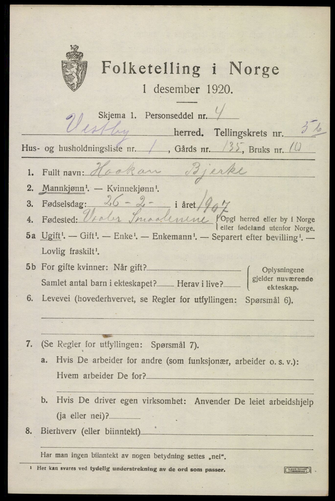 SAO, 1920 census for Vestby, 1920, p. 6367