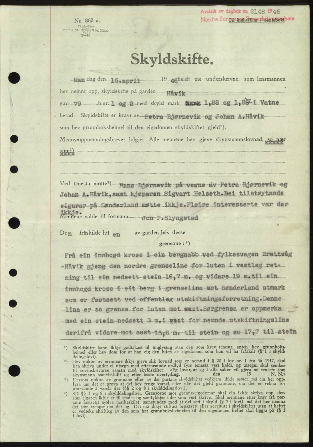 Nordre Sunnmøre sorenskriveri, AV/SAT-A-0006/1/2/2C/2Ca: Mortgage book no. A23, 1946-1947, Diary no: : 2148/1946