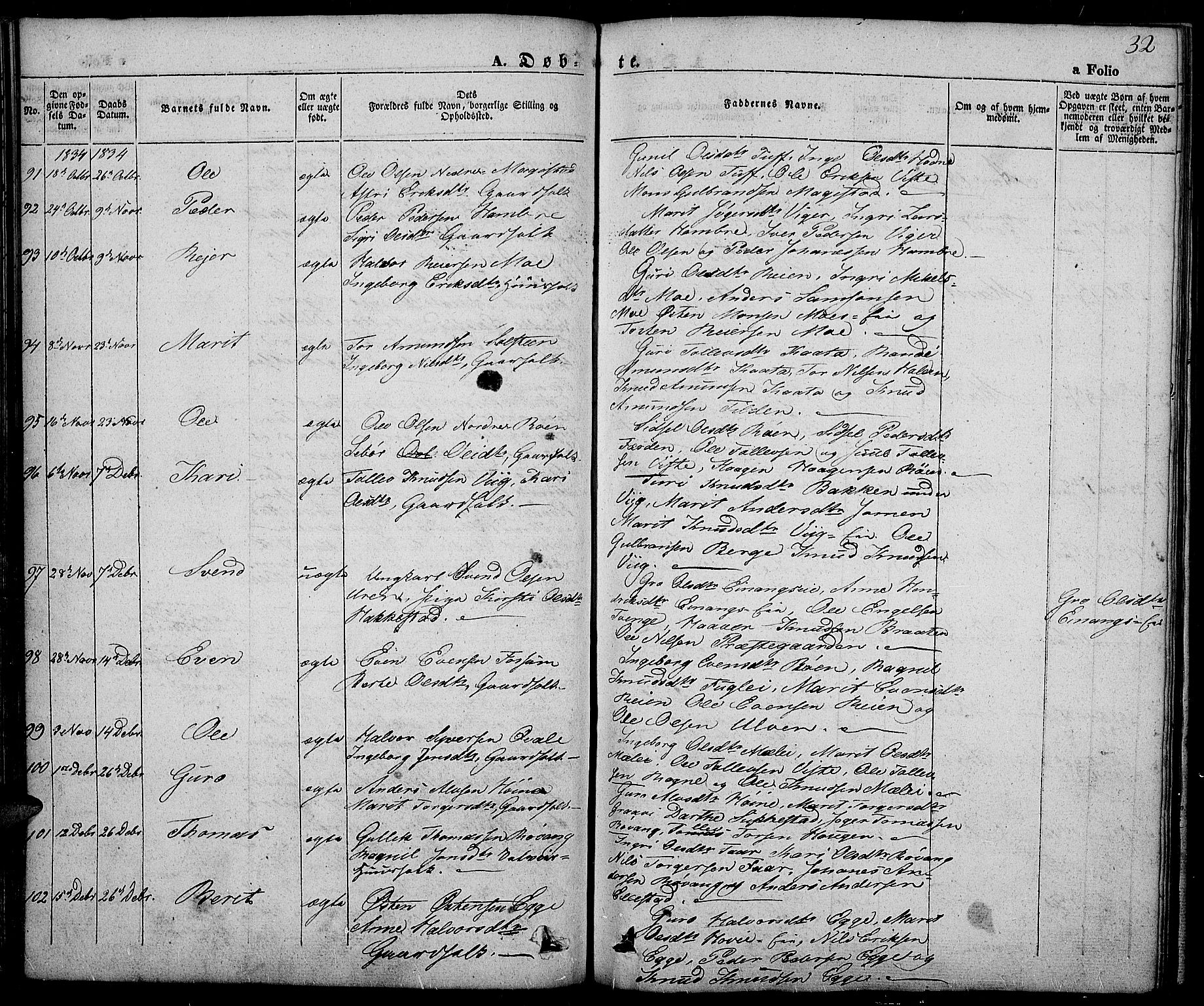 Slidre prestekontor, SAH/PREST-134/H/Ha/Haa/L0003: Parish register (official) no. 3, 1831-1843, p. 32