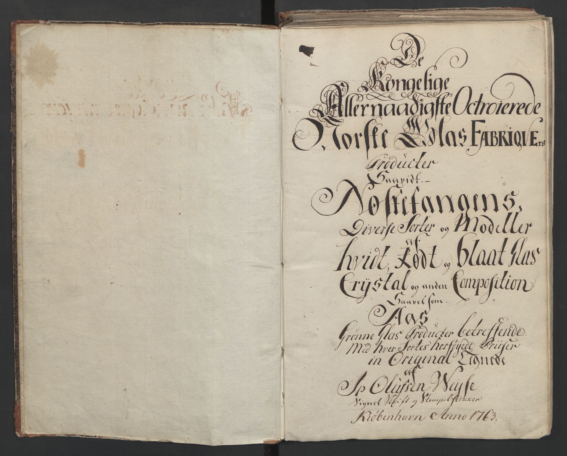 Glassverk, samlinger, RA/PA-0001/F/Fa/L0036: Modellbok for Nøstetangens og Aas' produkter med prisangivelse,, 1763, p. 1