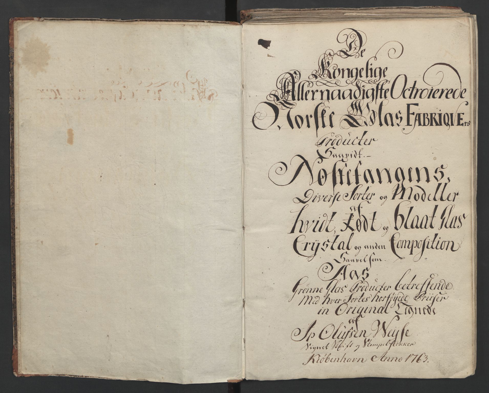 Glassverk, samlinger, AV/RA-PA-0001/F/Fa/L0036: Modellbok for Nøstetangens og Aas' produkter med prisangivelse,, 1763, p. 1
