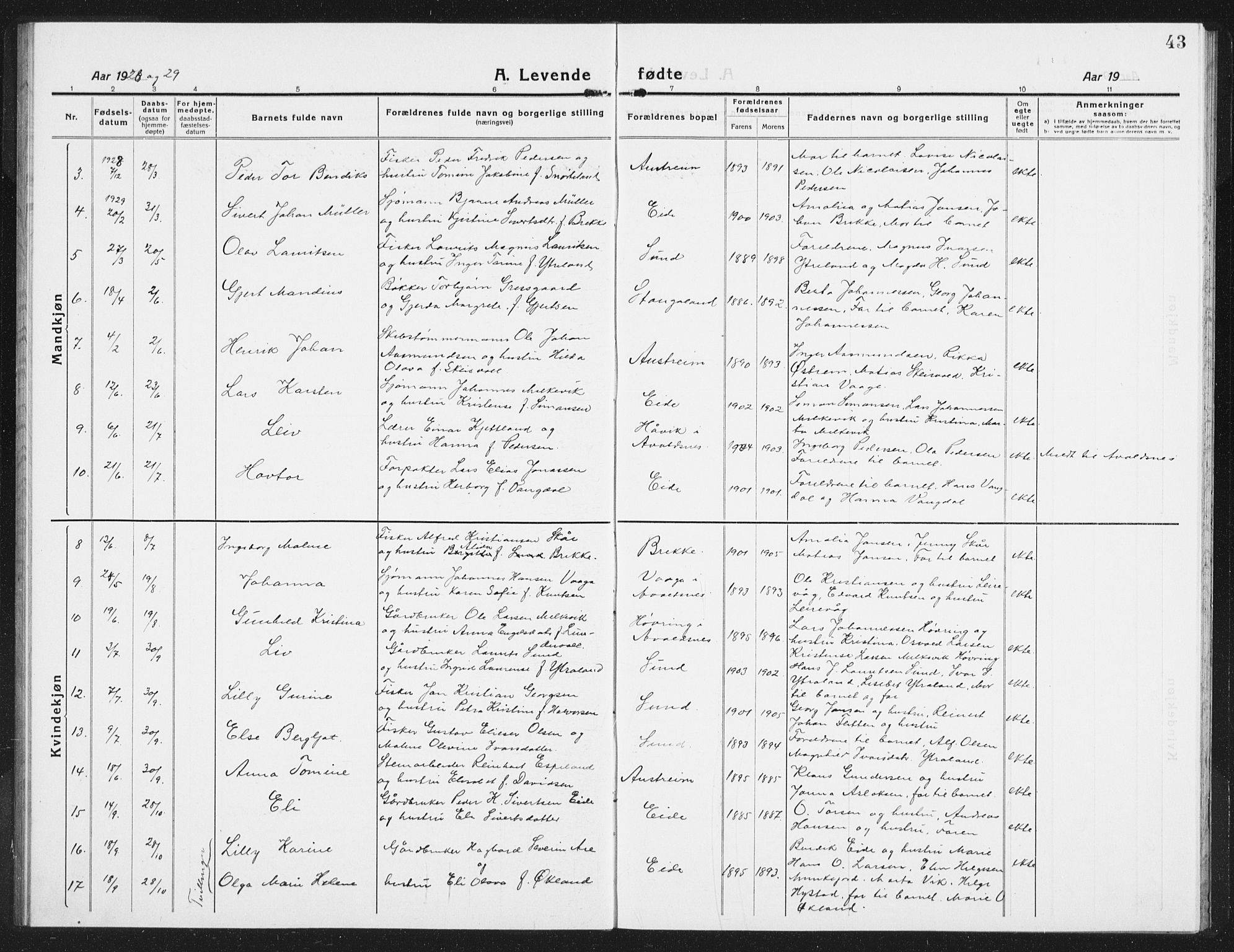 Kopervik sokneprestkontor, SAST/A-101850/H/Ha/Hab/L0007: Parish register (copy) no. B 7, 1918-1942, p. 43