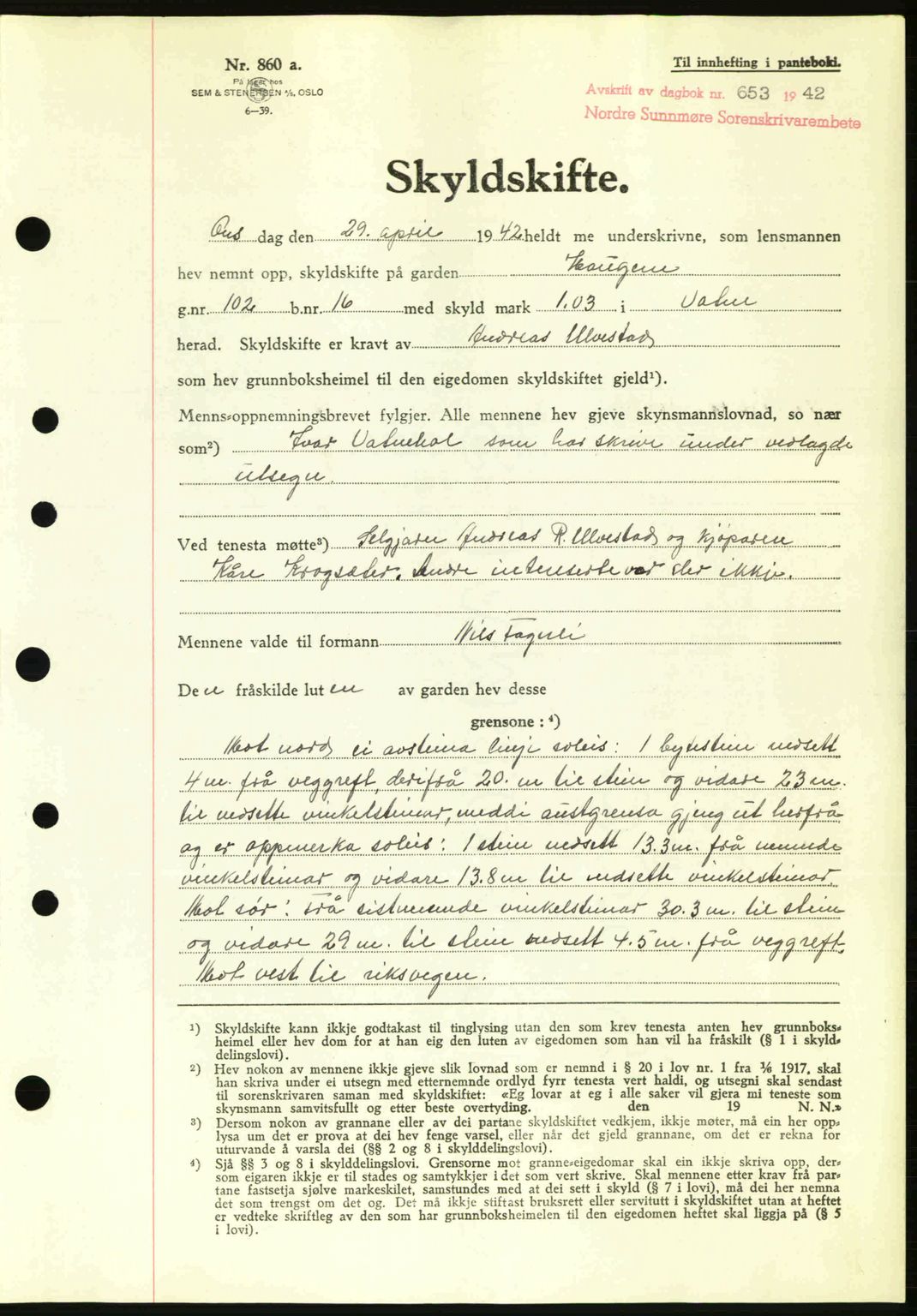 Nordre Sunnmøre sorenskriveri, AV/SAT-A-0006/1/2/2C/2Ca: Mortgage book no. A13, 1942-1942, Diary no: : 653/1942