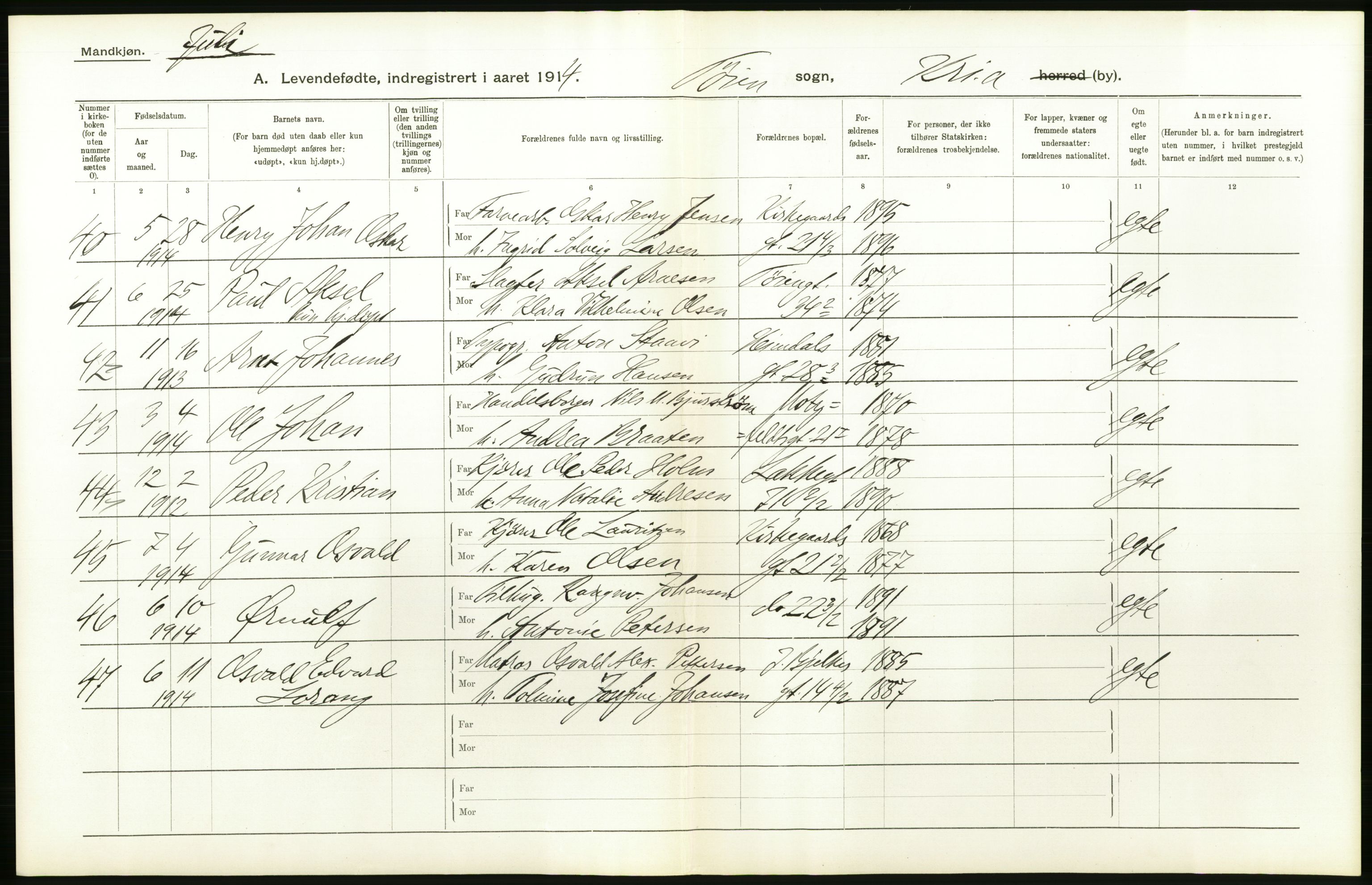 Statistisk sentralbyrå, Sosiodemografiske emner, Befolkning, AV/RA-S-2228/D/Df/Dfb/Dfbd/L0005: Kristiania: Levendefødte menn og kvinner., 1914, p. 380