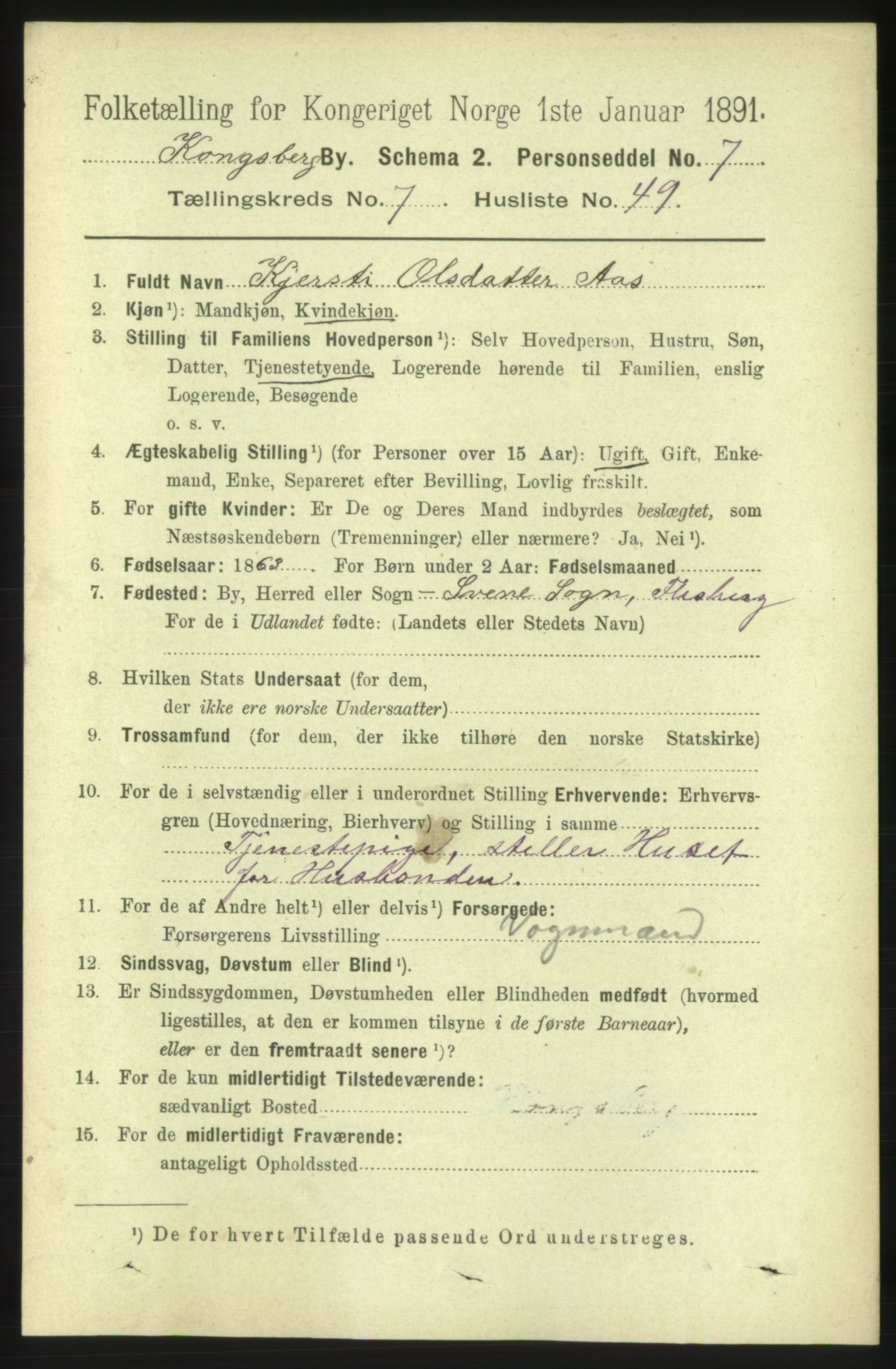 RA, 1891 census for 0604 Kongsberg, 1891, p. 5484