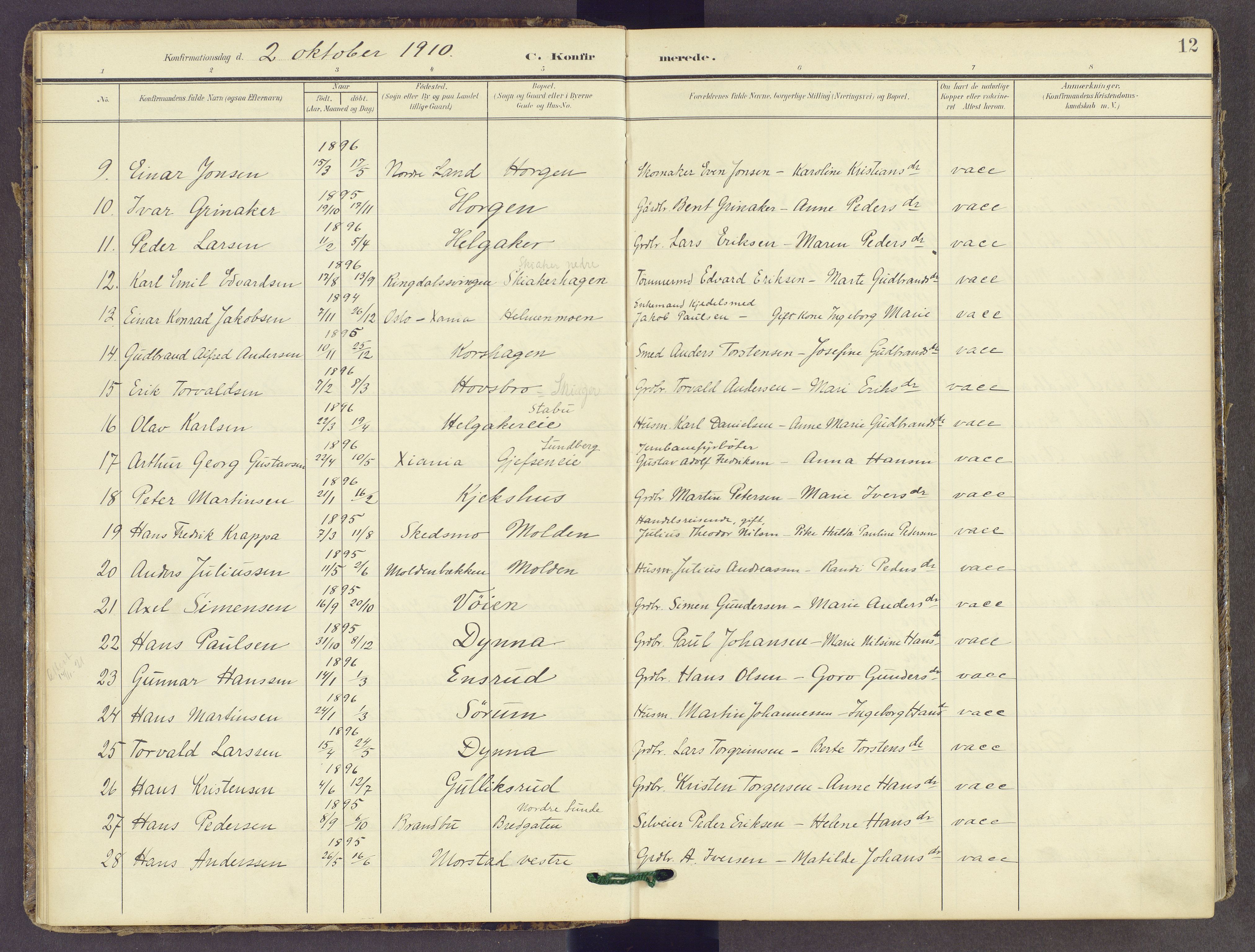 Gran prestekontor, SAH/PREST-112/H/Ha/Haa/L0022: Parish register (official) no. 22, 1908-1918, p. 12