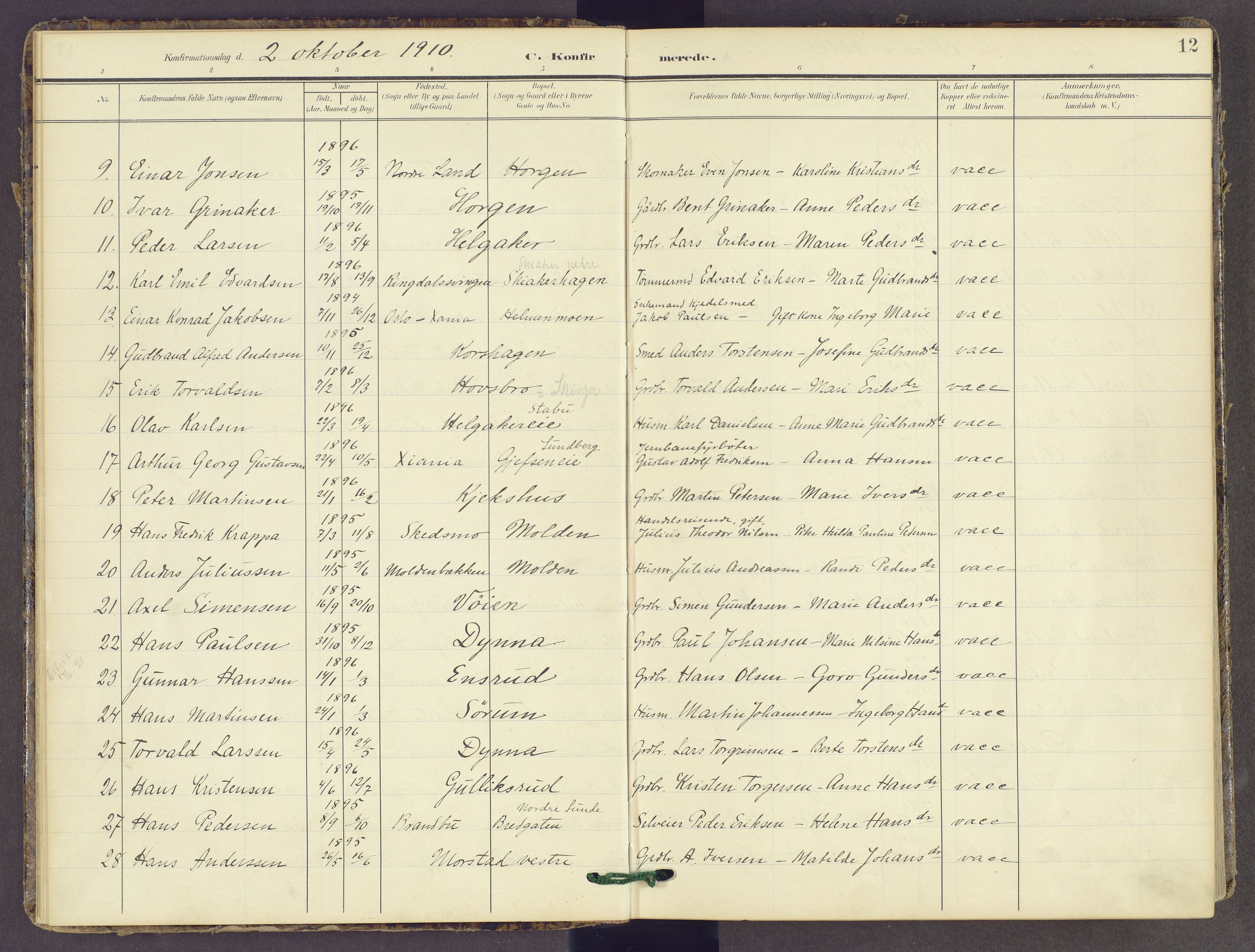 Gran prestekontor, AV/SAH-PREST-112/H/Ha/Haa/L0022: Parish register (official) no. 22, 1908-1918, p. 12