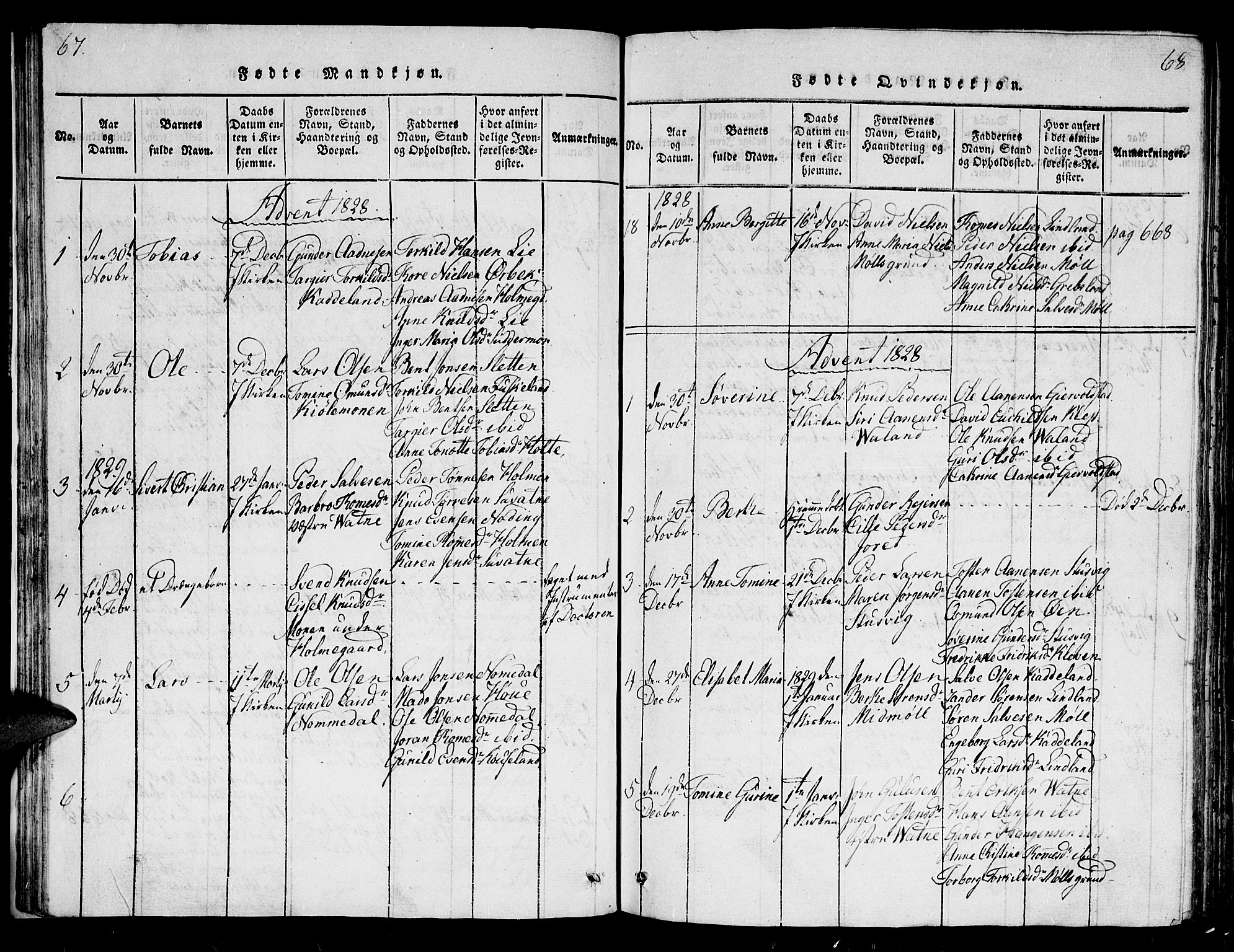 Holum sokneprestkontor, SAK/1111-0022/F/Fb/Fba/L0002: Parish register (copy) no. B 2, 1820-1849, p. 67-68