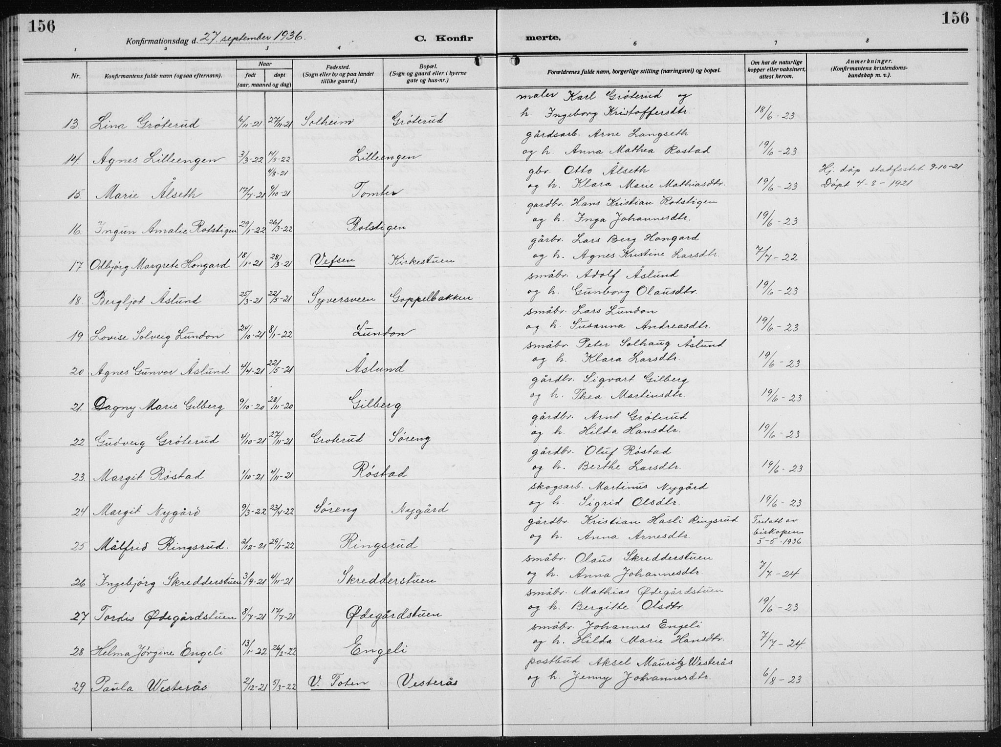 Biri prestekontor, AV/SAH-PREST-096/H/Ha/Hab/L0007: Parish register (copy) no. 7, 1919-1941, p. 156