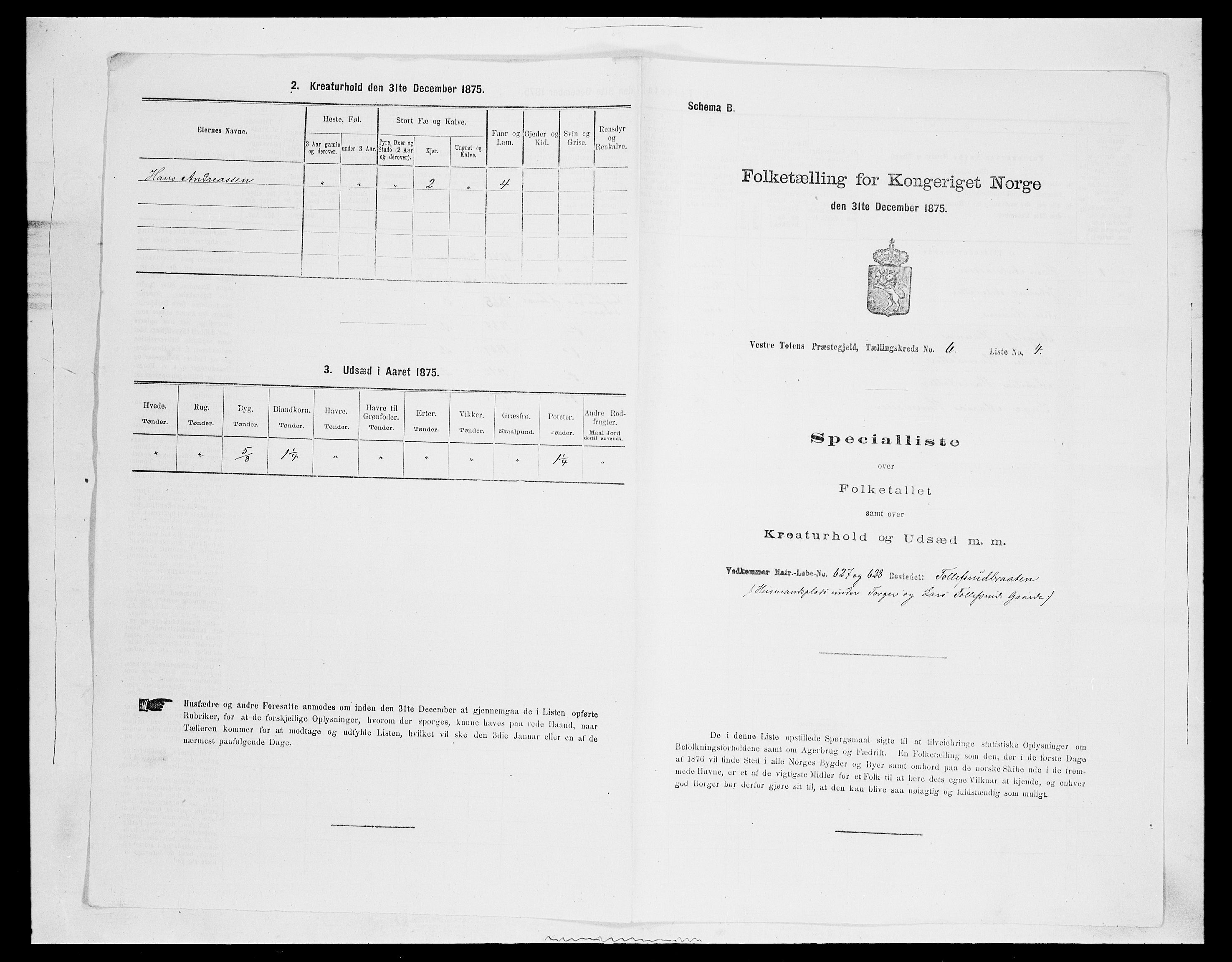 SAH, 1875 census for 0529P Vestre Toten, 1875, p. 1157