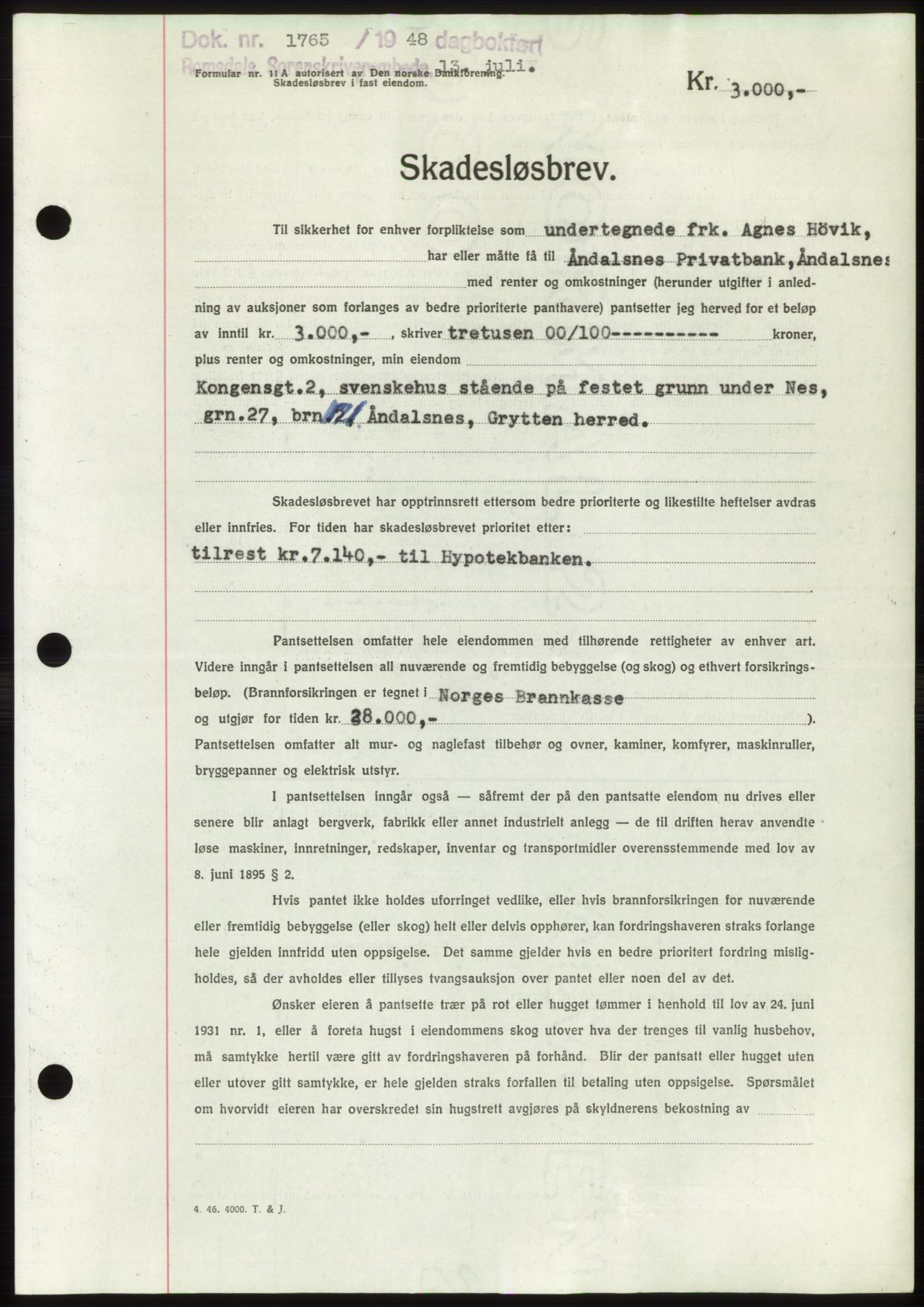 Romsdal sorenskriveri, AV/SAT-A-4149/1/2/2C: Mortgage book no. B4, 1948-1949, Diary no: : 1765/1948