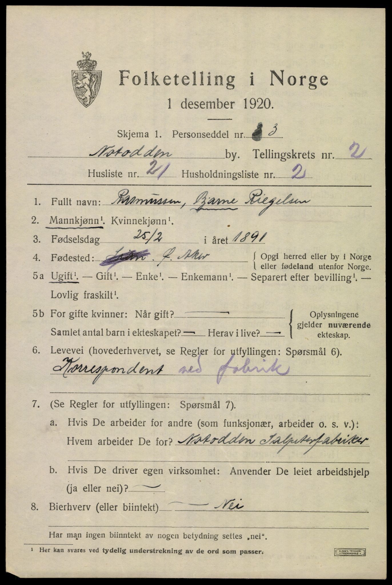 SAKO, 1920 census for Notodden, 1920, p. 6860