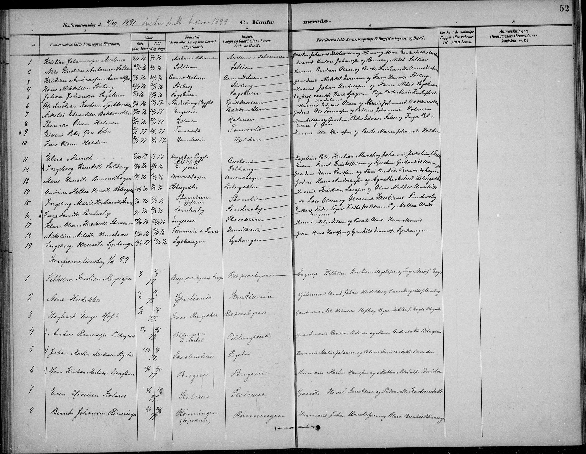 Nordre Land prestekontor, SAH/PREST-124/H/Ha/Hab/L0014: Parish register (copy) no. 14, 1891-1907, p. 52