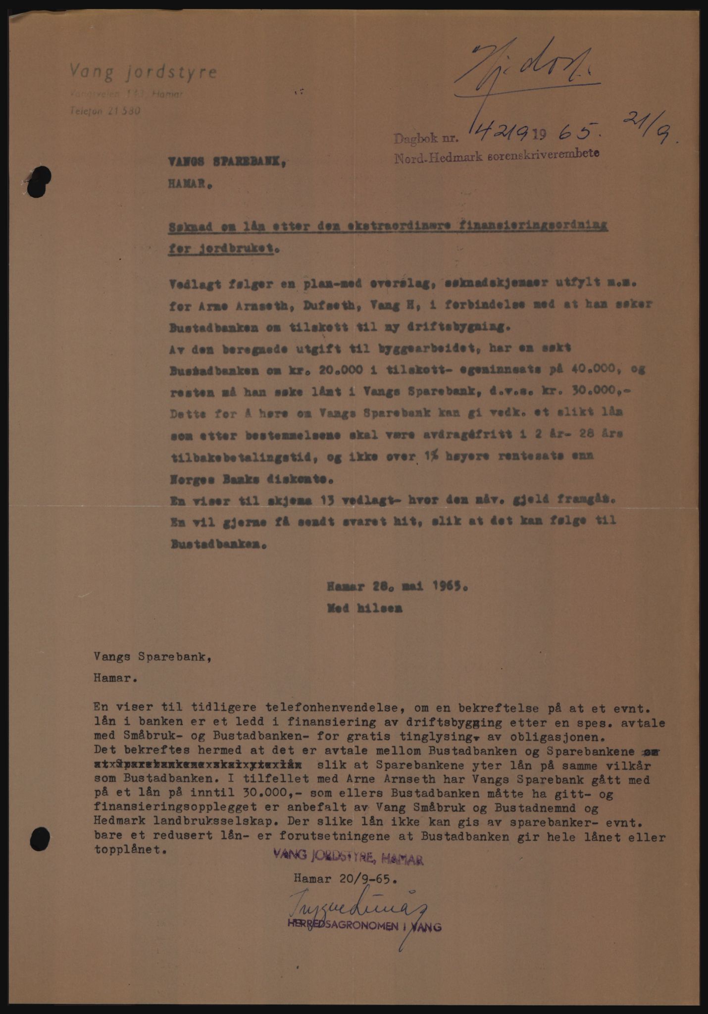 Nord-Hedmark sorenskriveri, SAH/TING-012/H/Hc/L0022: Mortgage book no. 22, 1965-1965, Diary no: : 4219/1965