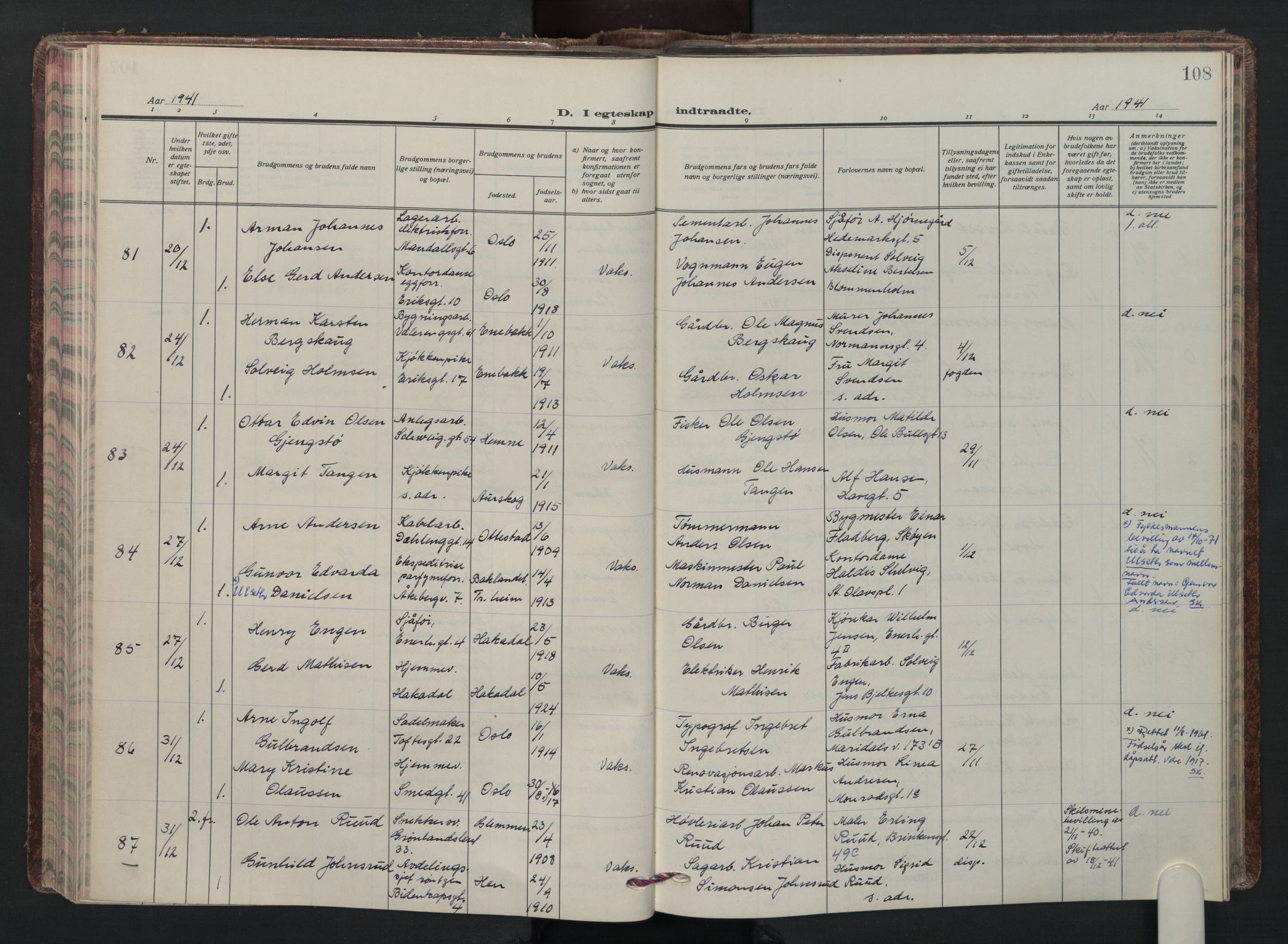 Grønland prestekontor Kirkebøker, AV/SAO-A-10848/F/Fa/L0020: Parish register (official) no. 20, 1935-1946, p. 108