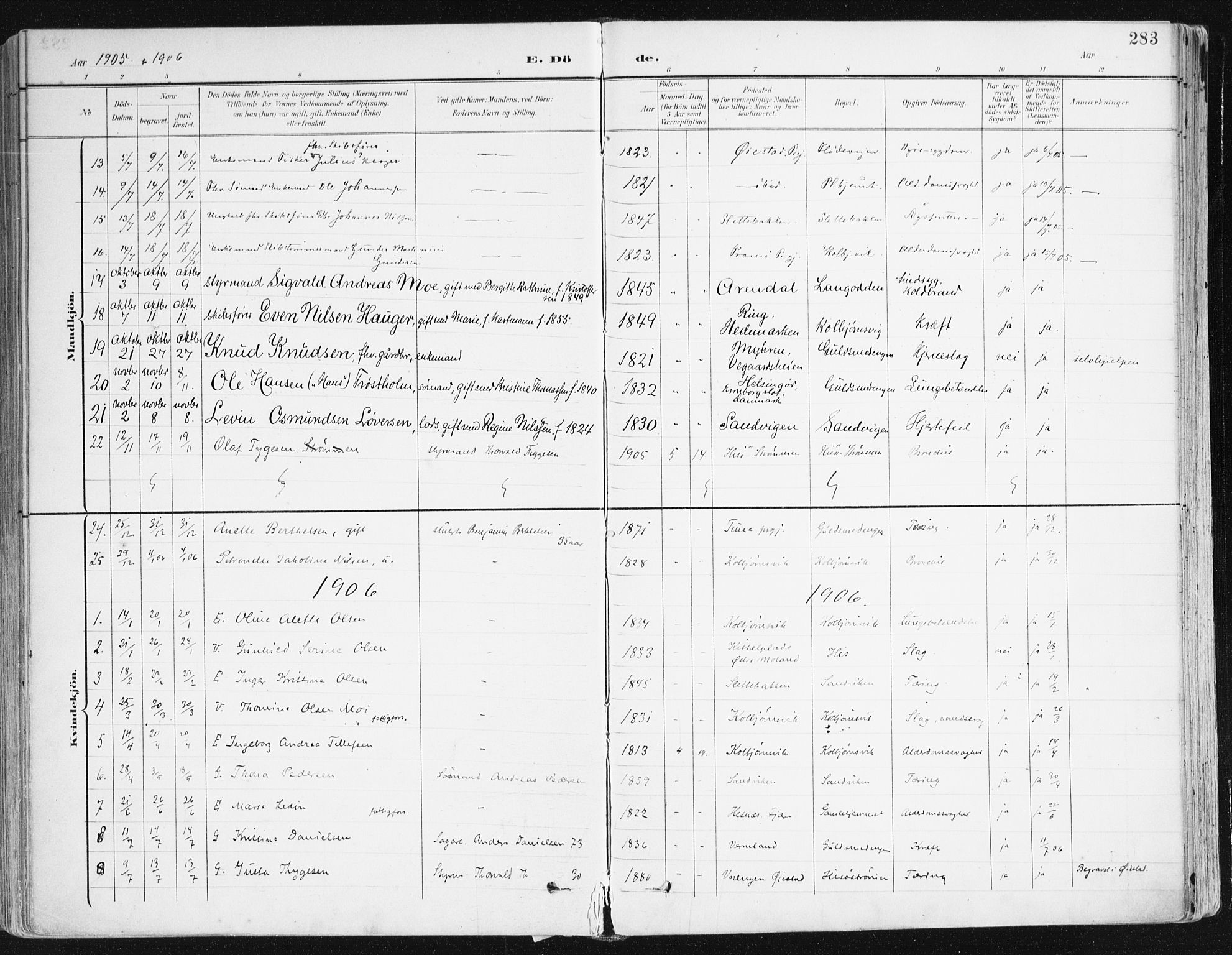 Hisøy sokneprestkontor, SAK/1111-0020/F/Fa/L0004: Parish register (official) no. A 4, 1895-1917, p. 283