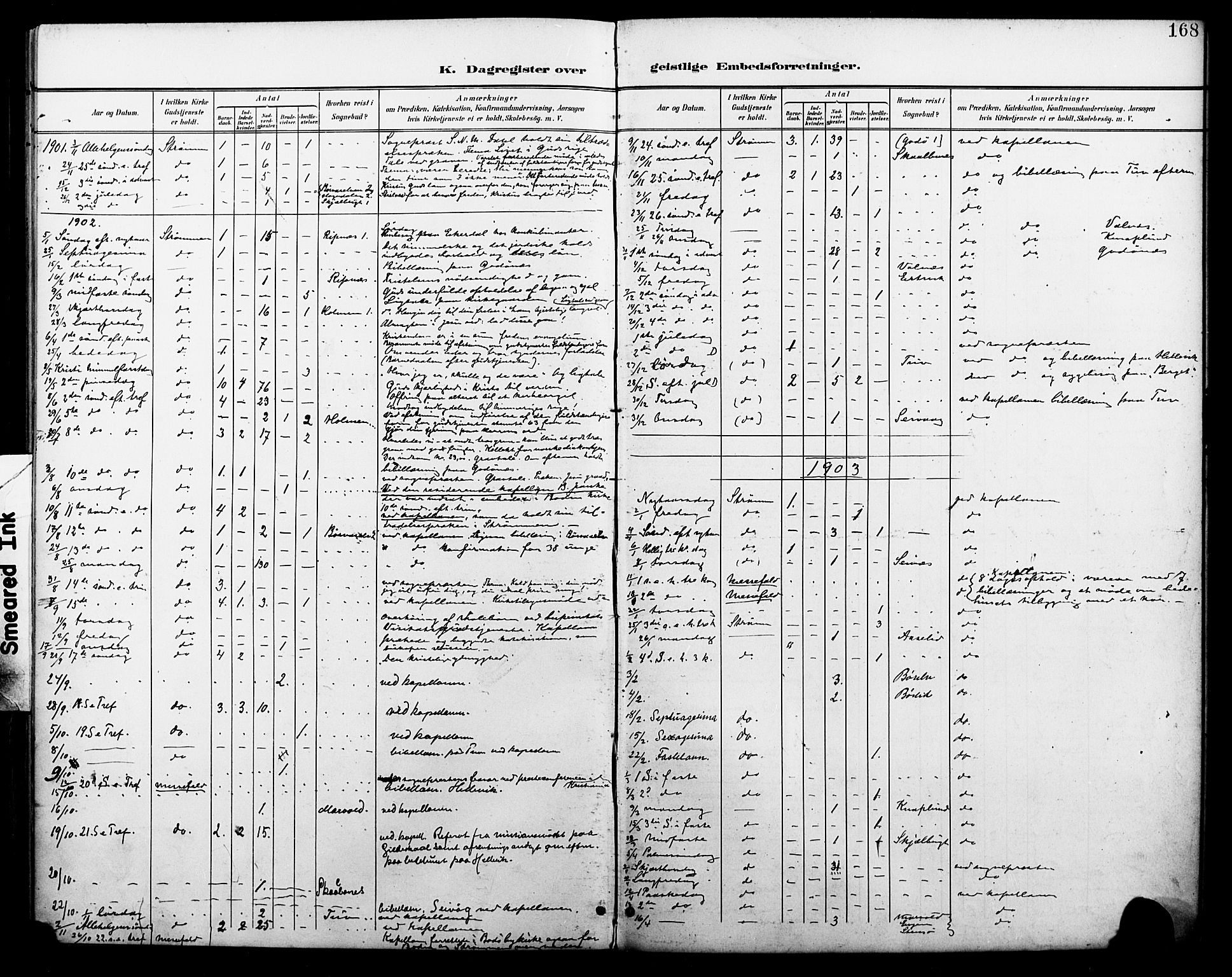 Ministerialprotokoller, klokkerbøker og fødselsregistre - Nordland, AV/SAT-A-1459/804/L0088: Parish register (copy) no. 804C01, 1901-1917, p. 168