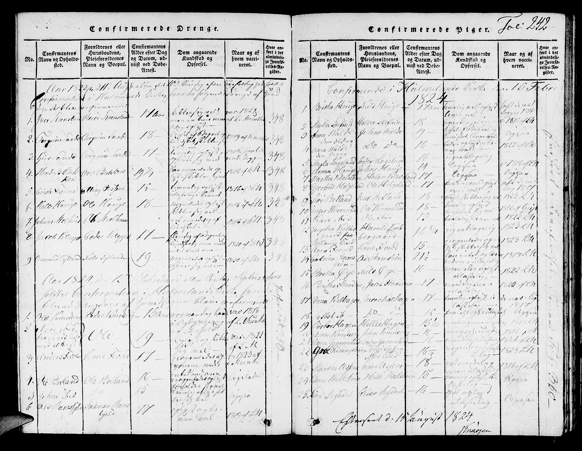 Hjelmeland sokneprestkontor, AV/SAST-A-101843/01/V/L0001: Parish register (copy) no. B 1, 1816-1841, p. 242