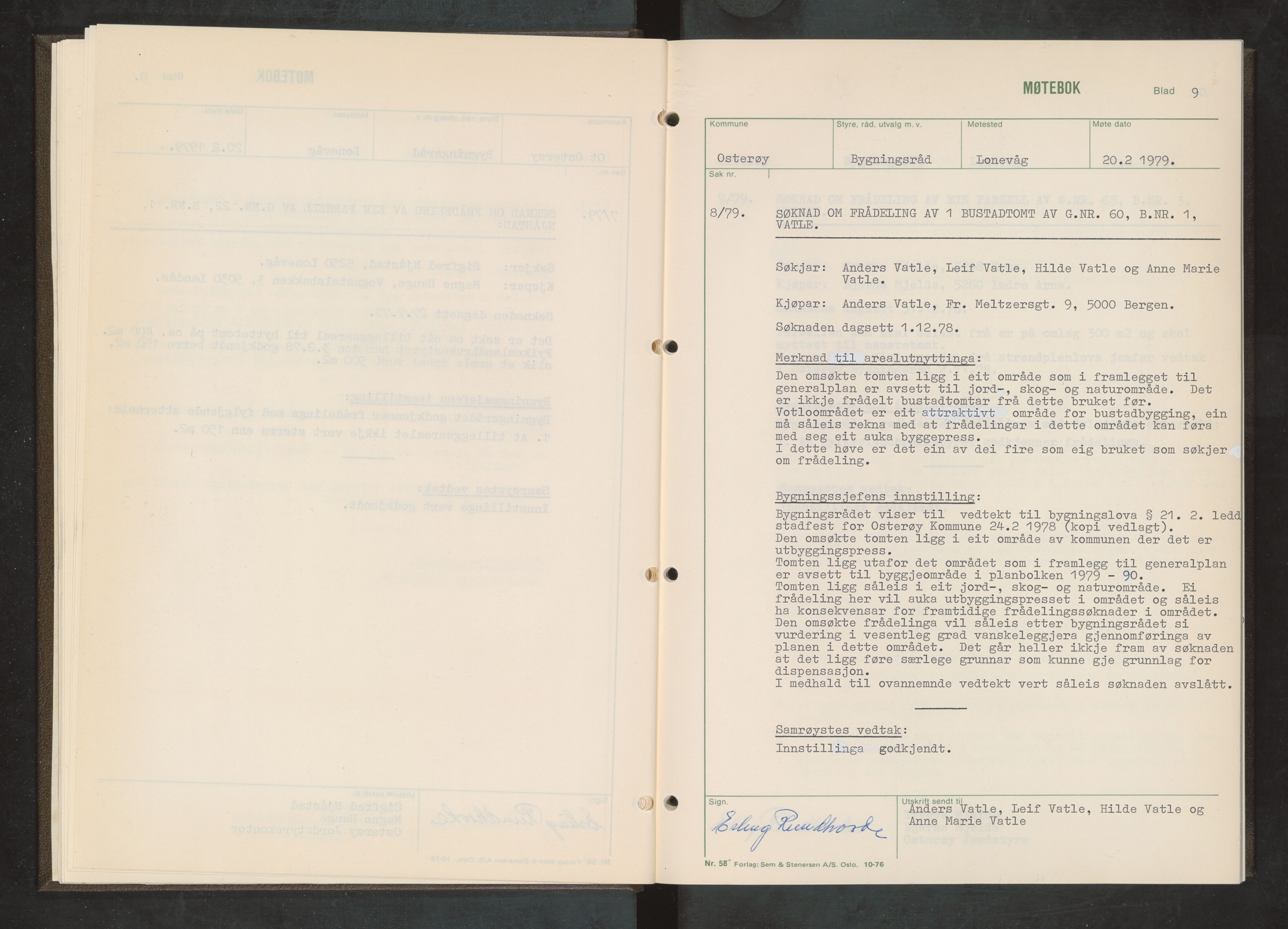 Osterøy kommune. Bygningsrådet, IKAH/1253b-511/A/Aa/L0012: Møtebok Osterøy bygningsråd, 1979