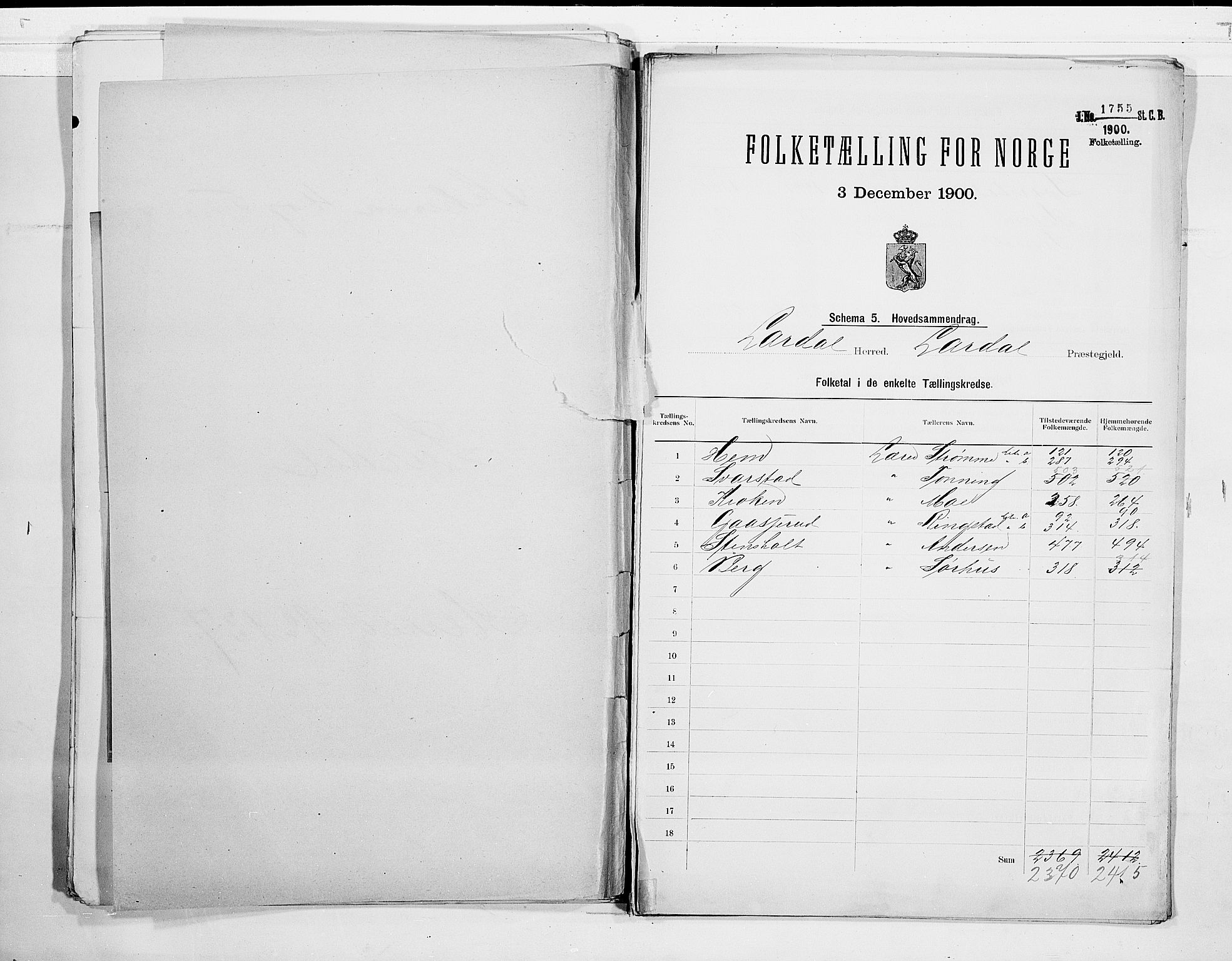 RA, 1900 census for Lardal, 1900, p. 2